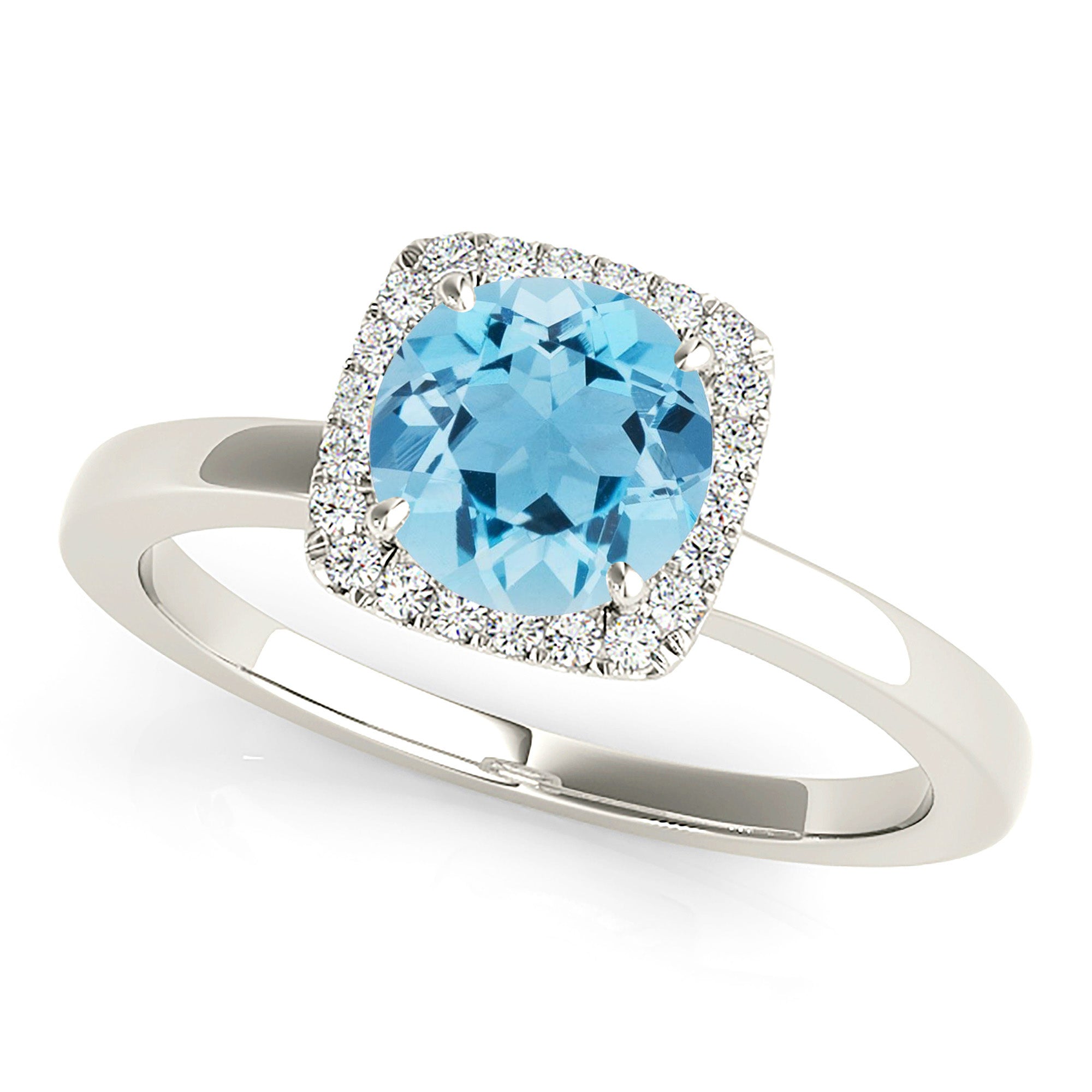 1.75 ct. Genuine Aquamarine Ring with 0.20 ctw. Diamond Cushion Halo And Solid Gold Plain Band | Round Blue Aquamarine Halo Ring-VIRABYANI