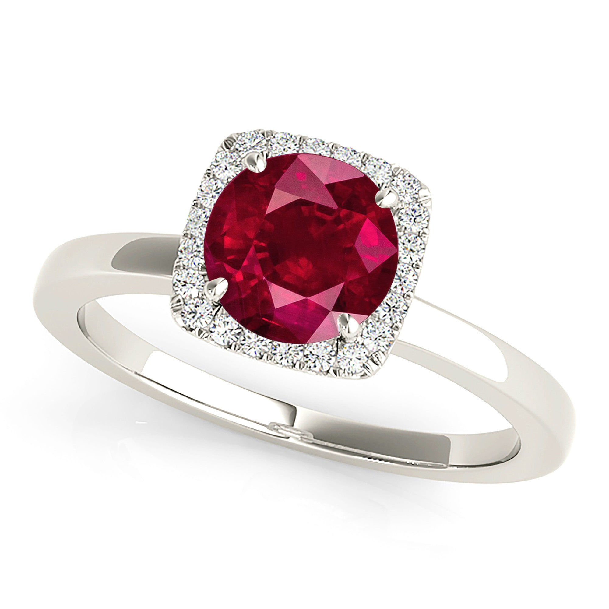 1.79 ct. Genuine Ruby Ring With 0.20 ctw. Diamond Cushion Halo And Solid Gold Solitaire Band-VIRABYANI