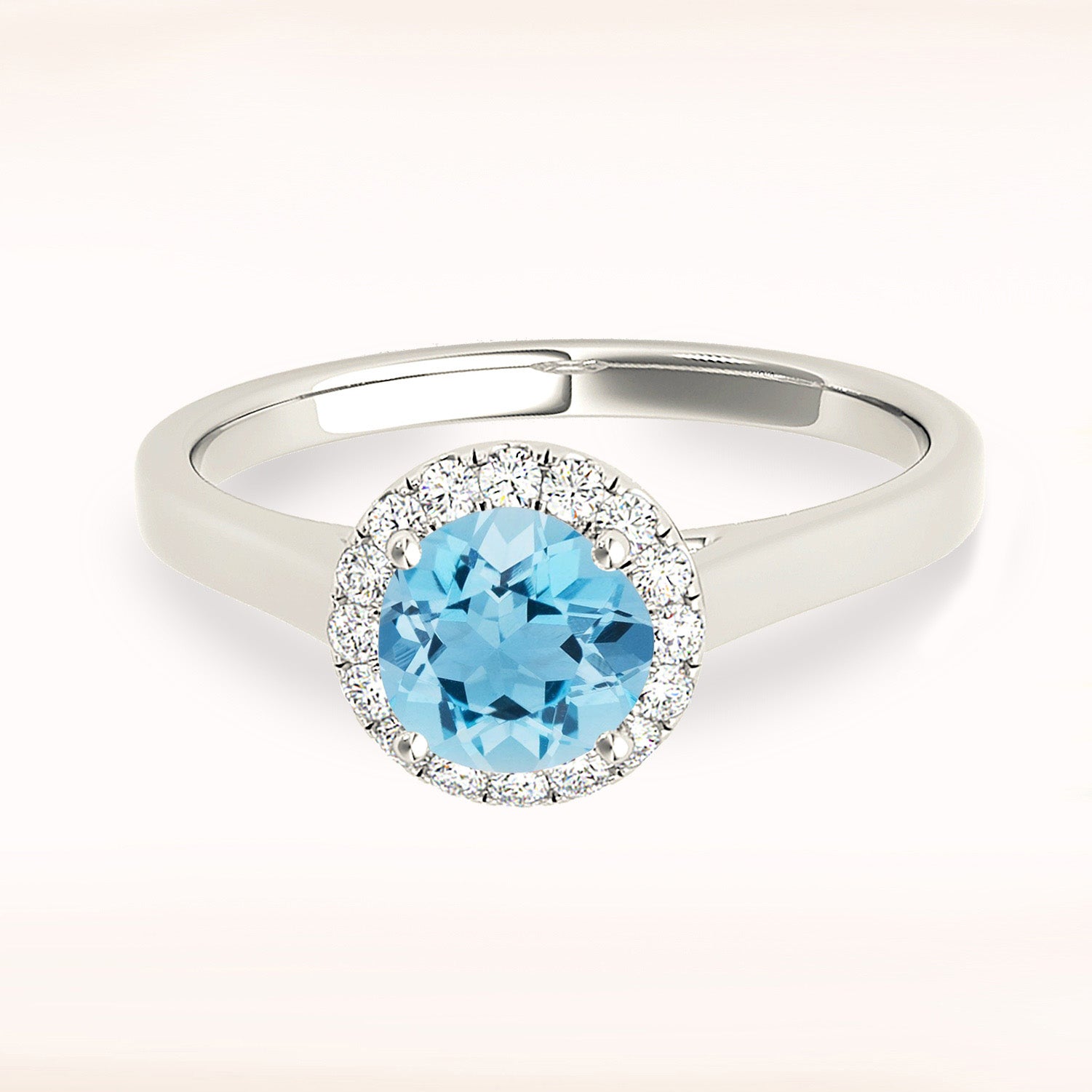1.10 ct. Genuine Aquamarine Ring With 0.10 ctw. Diamond Halo and Flat Solid Gold Band | Round Blue Aquamarine Halo Ring-VIRABYANI