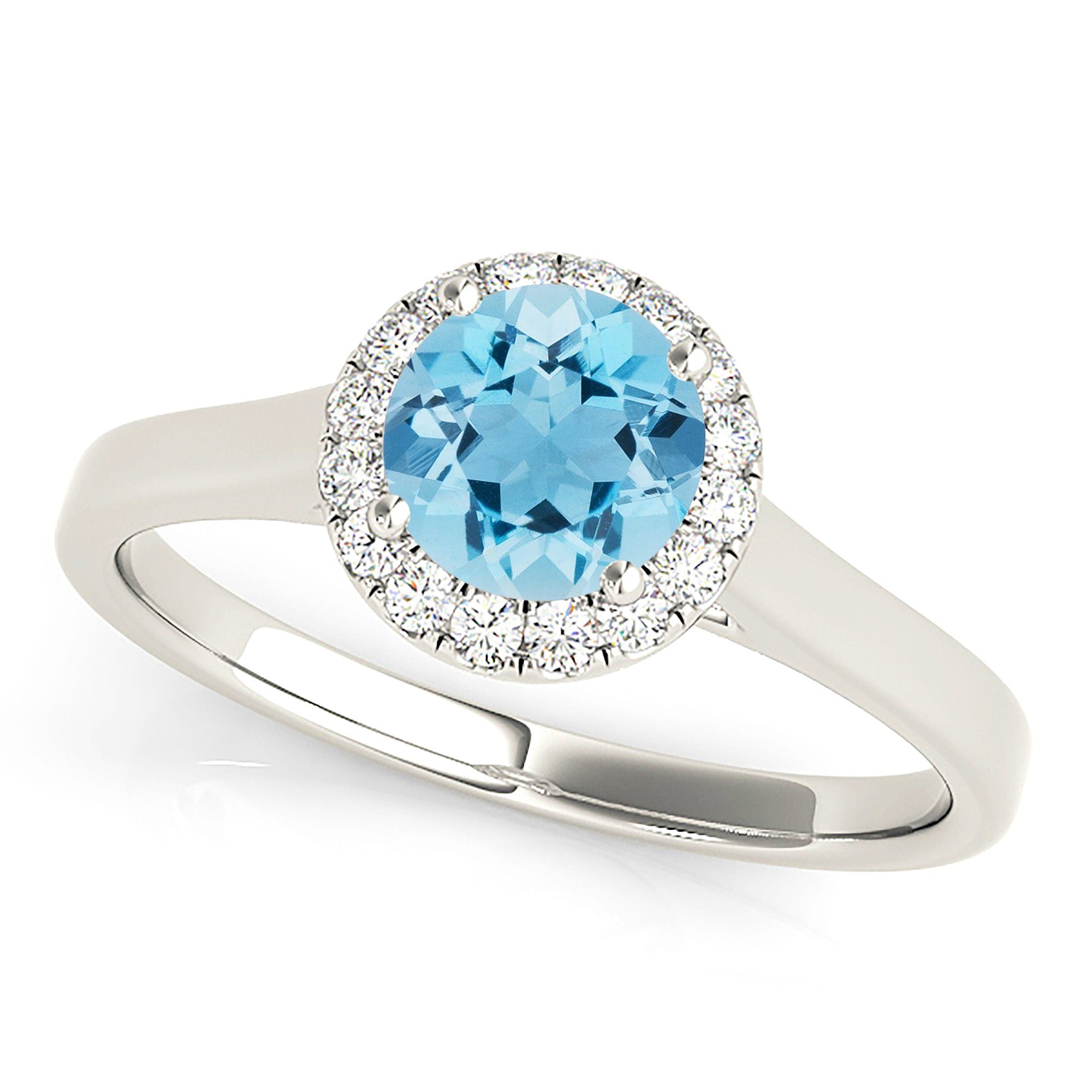 1.10 ct. Genuine Aquamarine Ring With 0.10 ctw. Diamond Halo and Flat Solid Gold Band | Round Blue Aquamarine Halo Ring-VIRABYANI