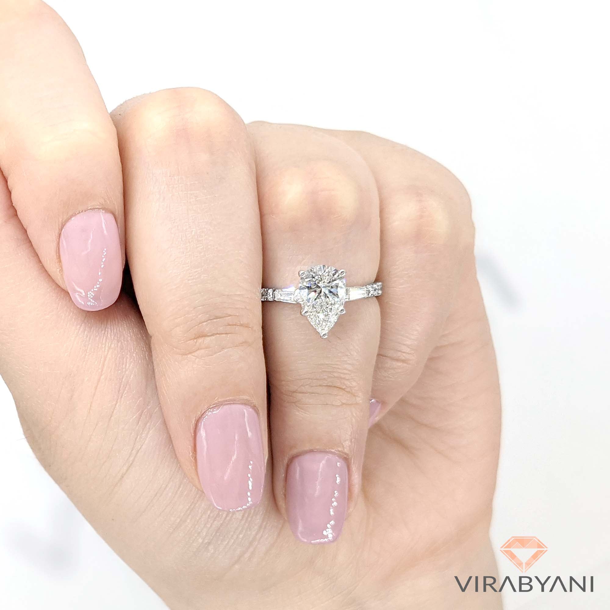 2.00 ctw Pear Diamond Three-Stone Engagement Ring Side Tapered Baguettes-VIRABYANI