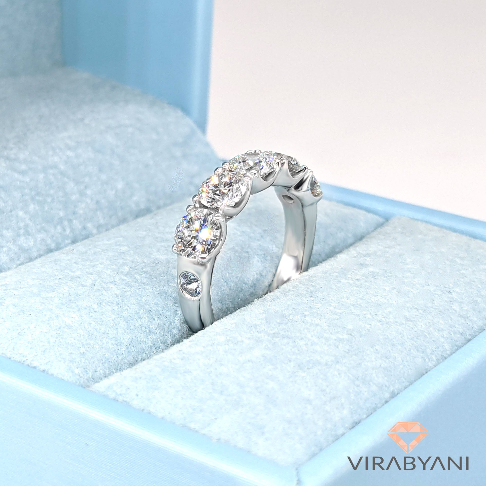 Safa Design 2.50 ct. GIA Round Diamond 5 Stone Ring With Side Bezel Aquamarines-in 14K/18K White, Yellow, Rose Gold and Platinum - Christmas Jewelry Gift -VIRABYANI