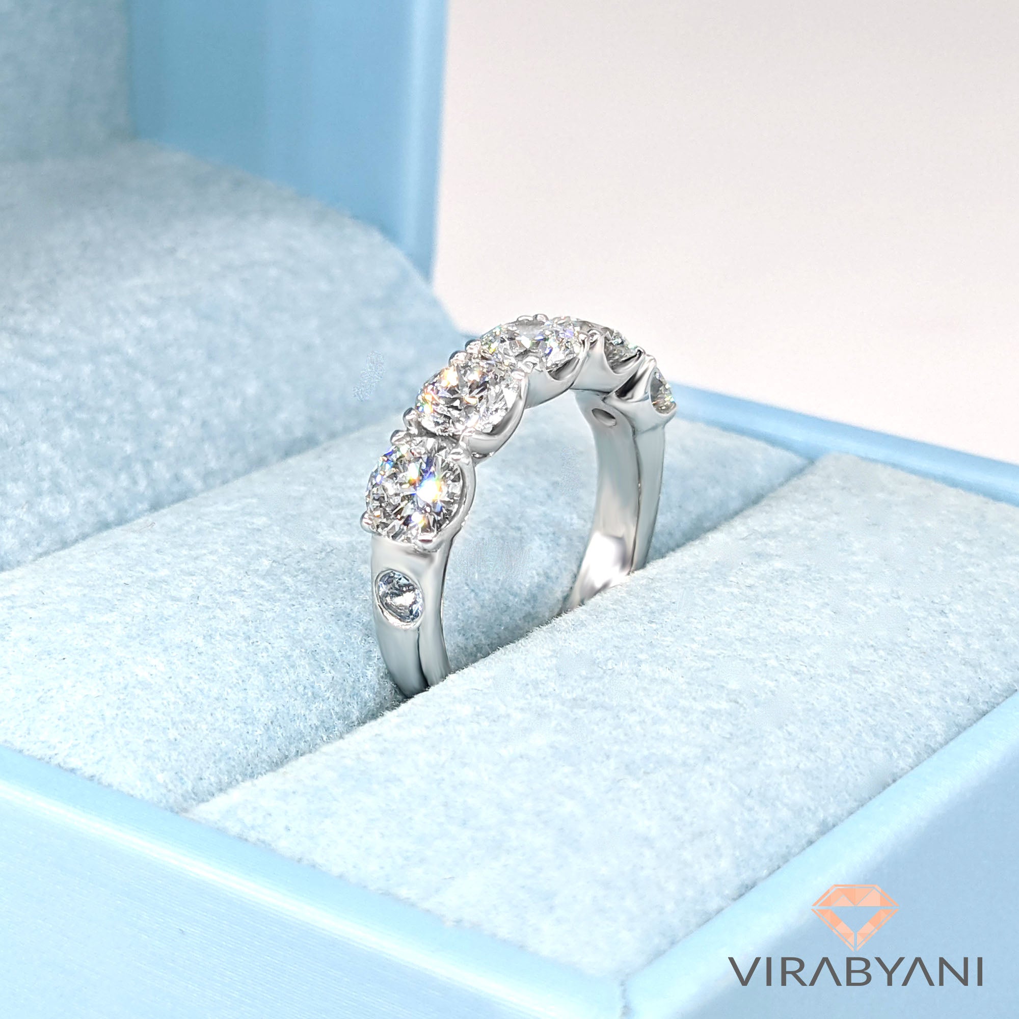 Safa Design 2.50 ct. Round Diamond 5 Stone Ring With Side Bezel Aquamarines-VIRABYANI