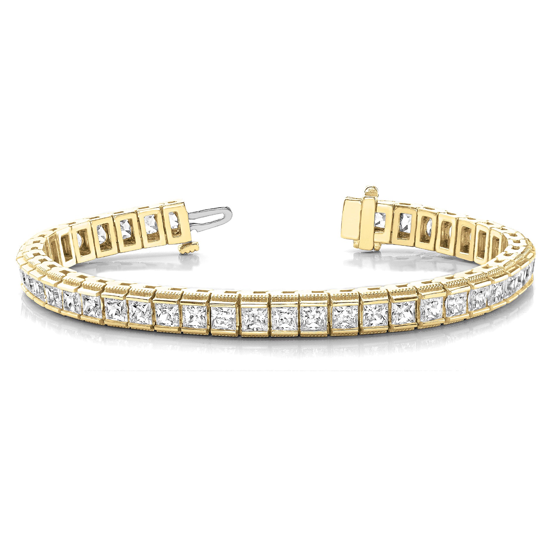 Channel Set 13.0 ctw Princess Cut Diamond Tennis Bracelet Milgrain Edges-VIRABYANI