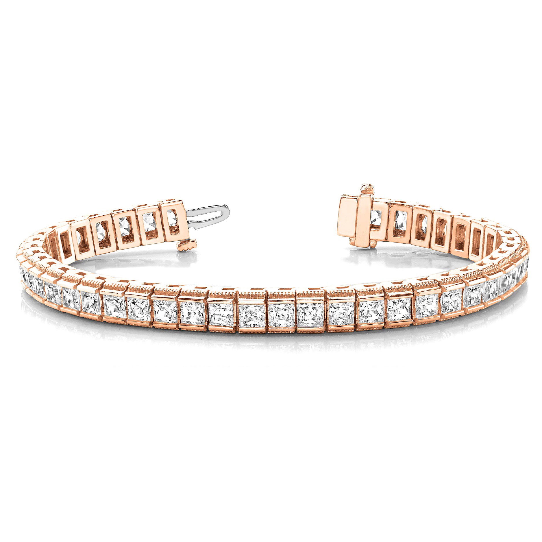 Channel Set 13.0 ctw Princess Cut Diamond Tennis Bracelet Milgrain Edges-VIRABYANI