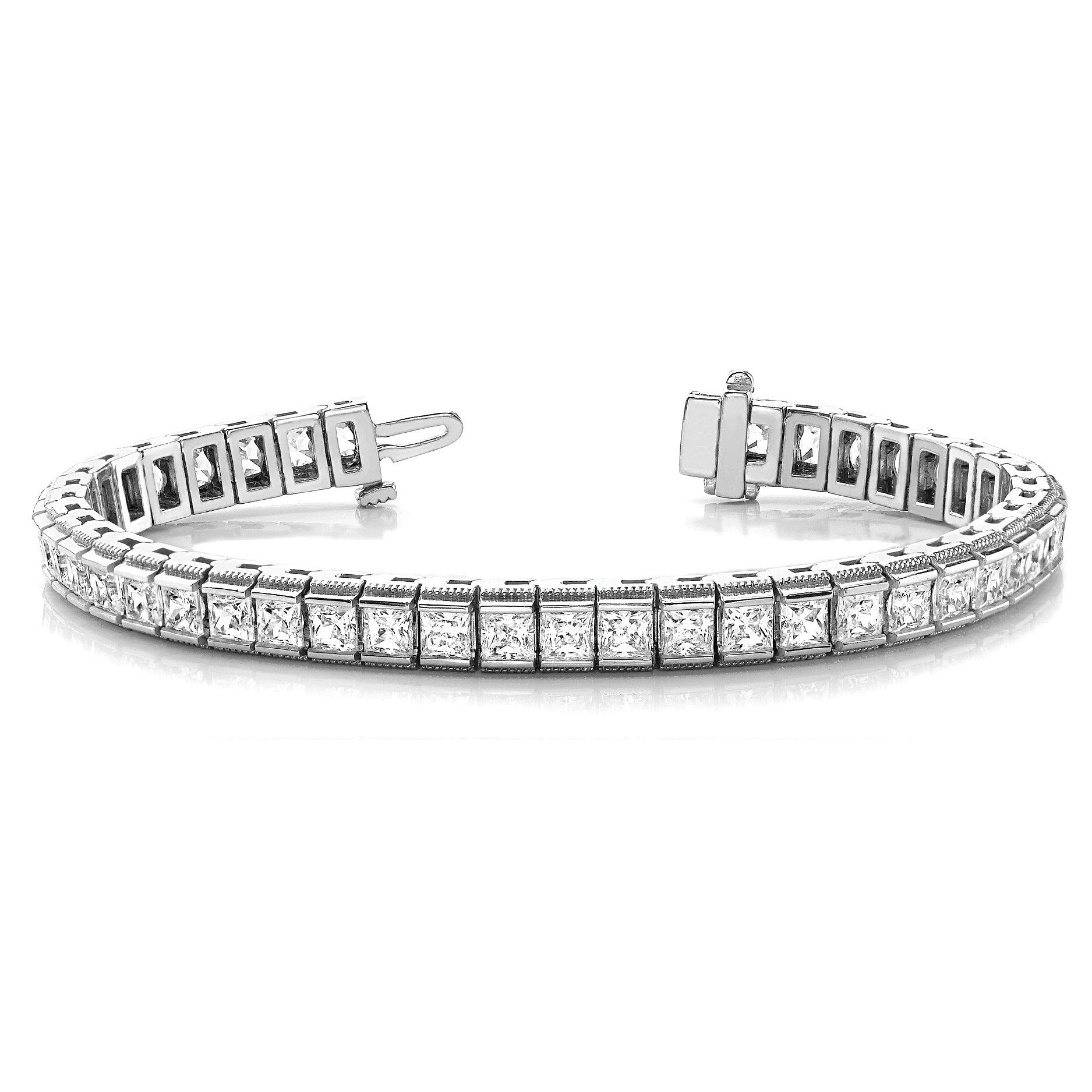 Channel Set 13.0 ctw Princess Cut Diamond Tennis Bracelet Milgrain Edges-VIRABYANI
