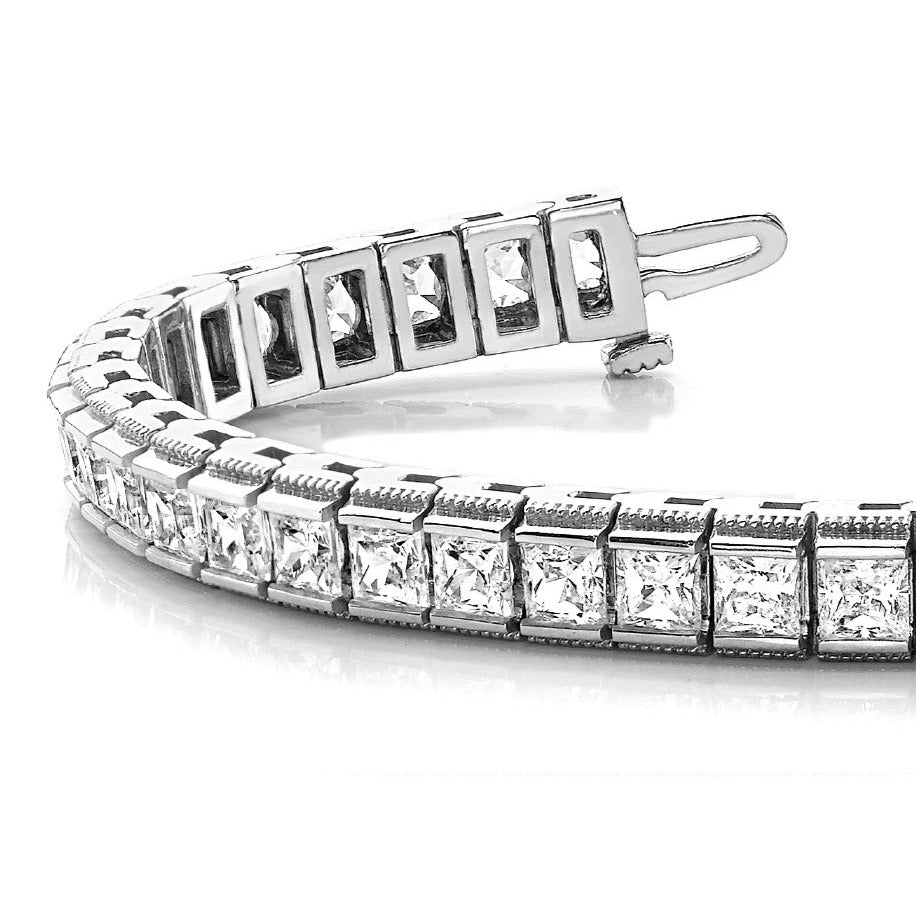 Channel Set 13.0 ctw Princess Cut Diamond Tennis Bracelet Milgrain Edges-VIRABYANI
