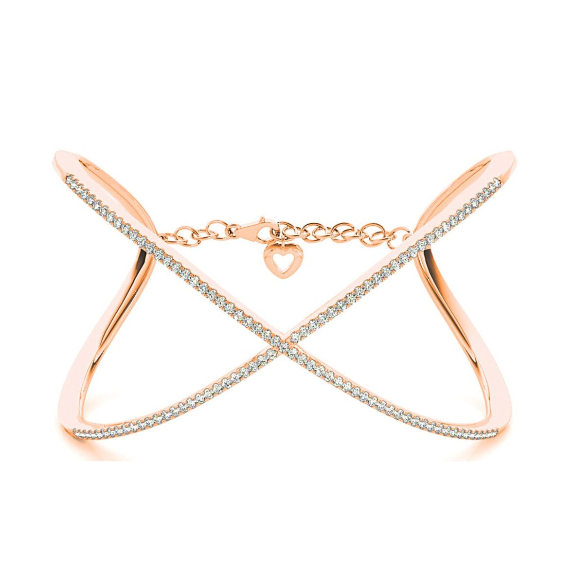 Criss Cross 1.63 ctw Round Diamond Cuff Bangle Bracelet With Security Chain-in 14K/18K White, Yellow, Rose Gold and Platinum - Christmas Jewelry Gift -VIRABYANI