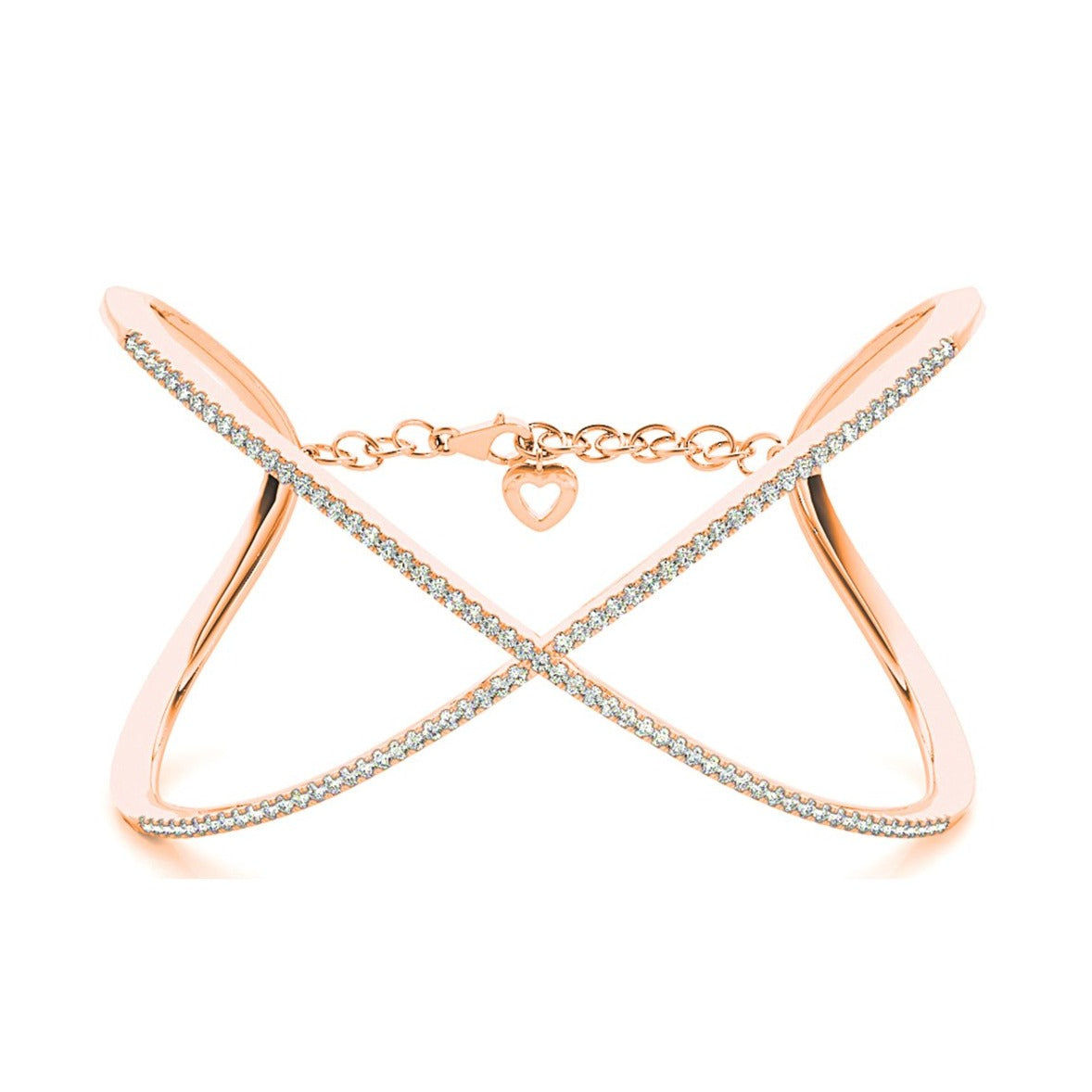 Criss Cross 1.63 ctw Round Diamond Cuff Bangle Bracelet With Security Chain-VIRABYANI