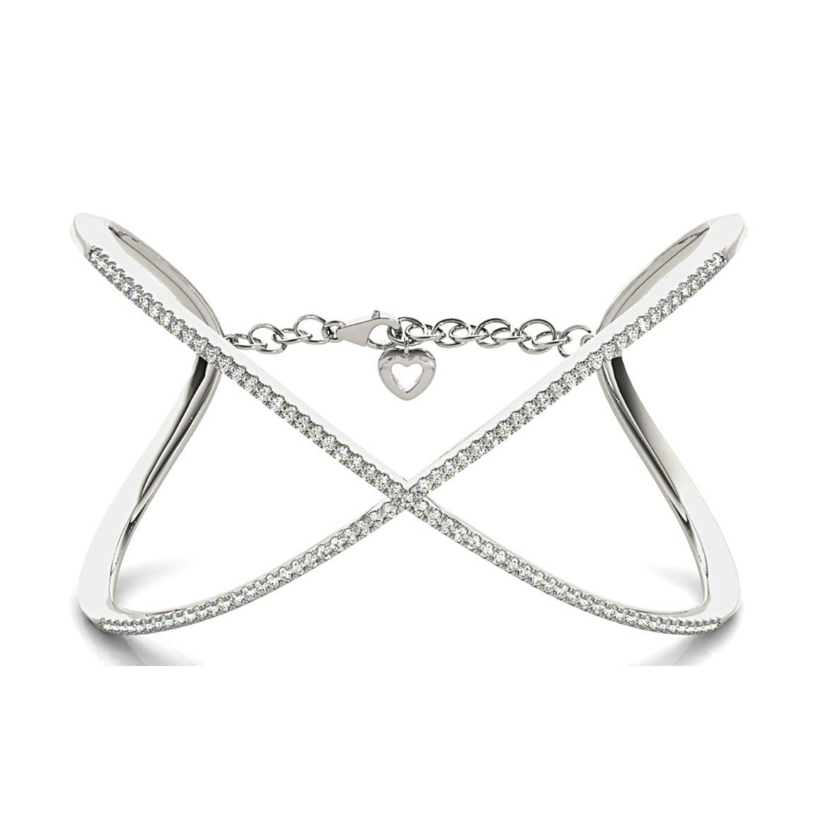 Criss Cross 1.63 ctw Round Diamond Cuff Bangle Bracelet With Security Chain-VIRABYANI