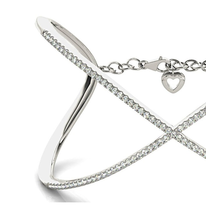 Criss Cross 1.63 ctw Round Diamond Cuff Bangle Bracelet With Security Chain-VIRABYANI