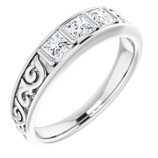 0.87 ctw Bar Set Princess Diamond Men's Ring Filigree Accent-in 14K/18K White, Yellow, Rose Gold and Platinum - Christmas Jewelry Gift -VIRABYANI