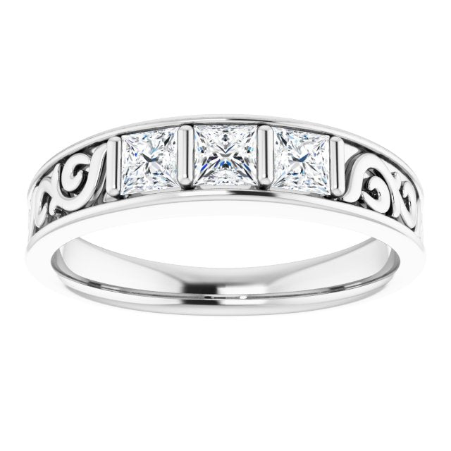 0.87 ctw Bar Set Princess Diamond Men's Ring Filigree Accent-in 14K/18K White, Yellow, Rose Gold and Platinum - Christmas Jewelry Gift -VIRABYANI