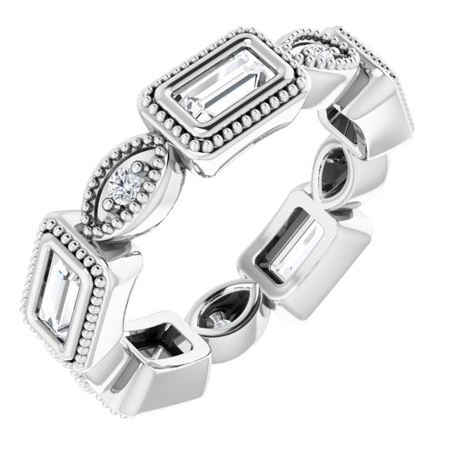 0.77 ct. Straight Baguette & Round Diamond Eternity Band Milgrain Accent Ring-VIRABYANI