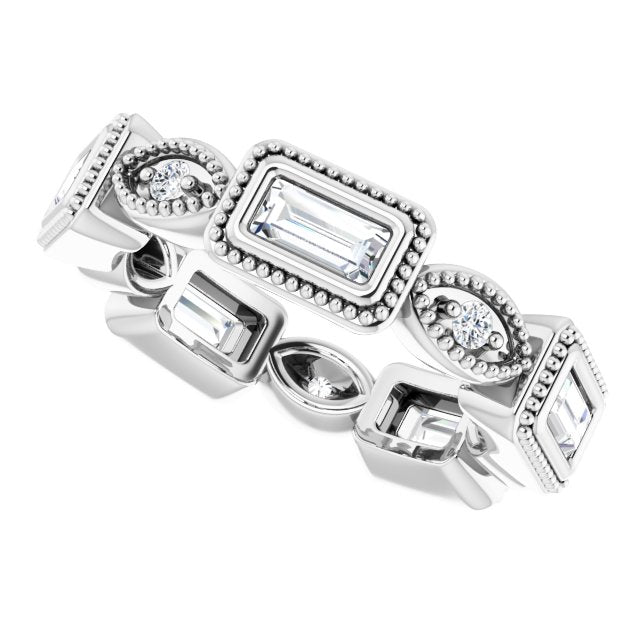 0.77 ct. Straight Baguette & Round Diamond Eternity Band Milgrain Accent Ring-VIRABYANI