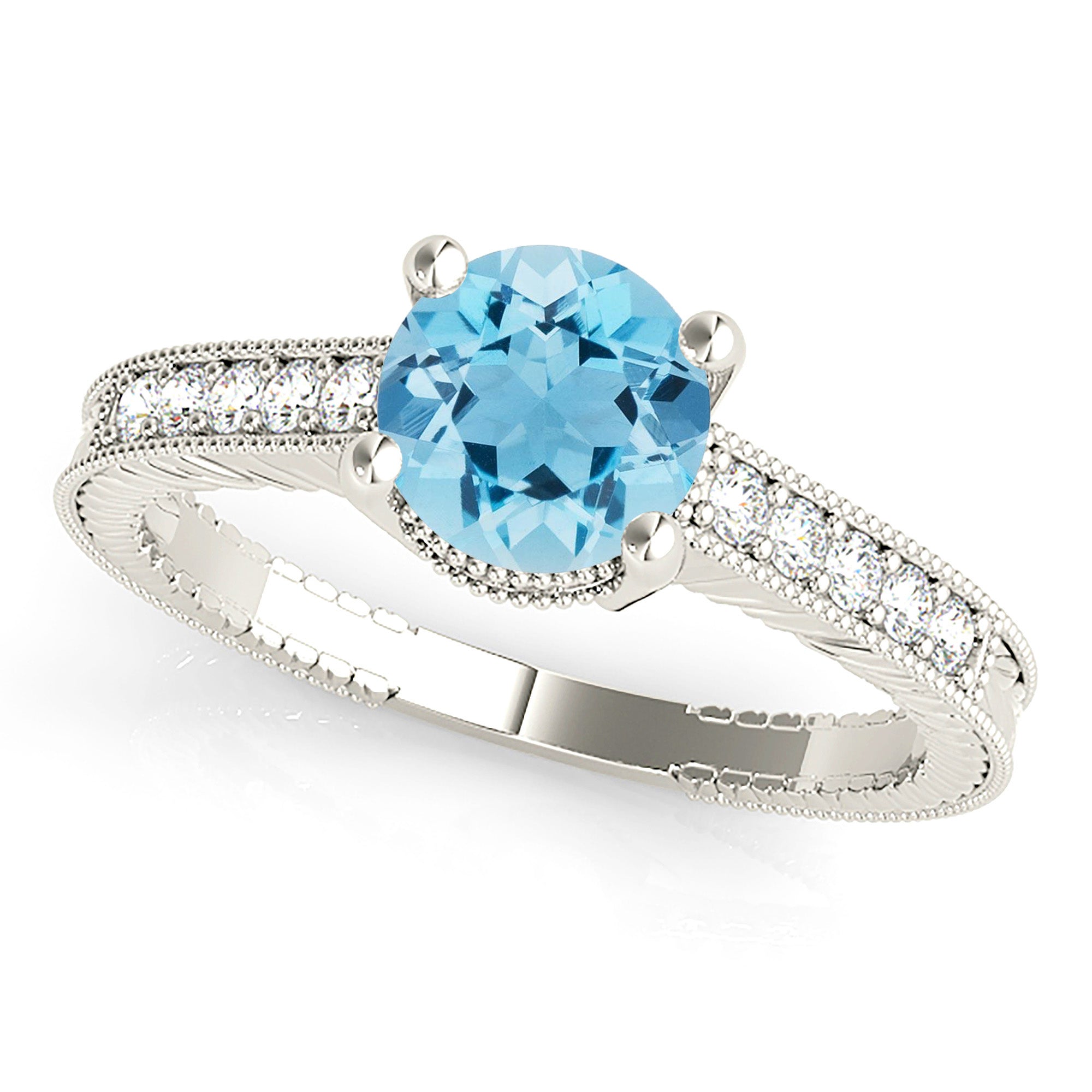 1.75 ct. Genuine Aquamarine Ring With 0.20 ctw. Diamond Milgrain and Filigree Accent Delicate Band | Round Blue Aquamarine Ring-VIRABYANI
