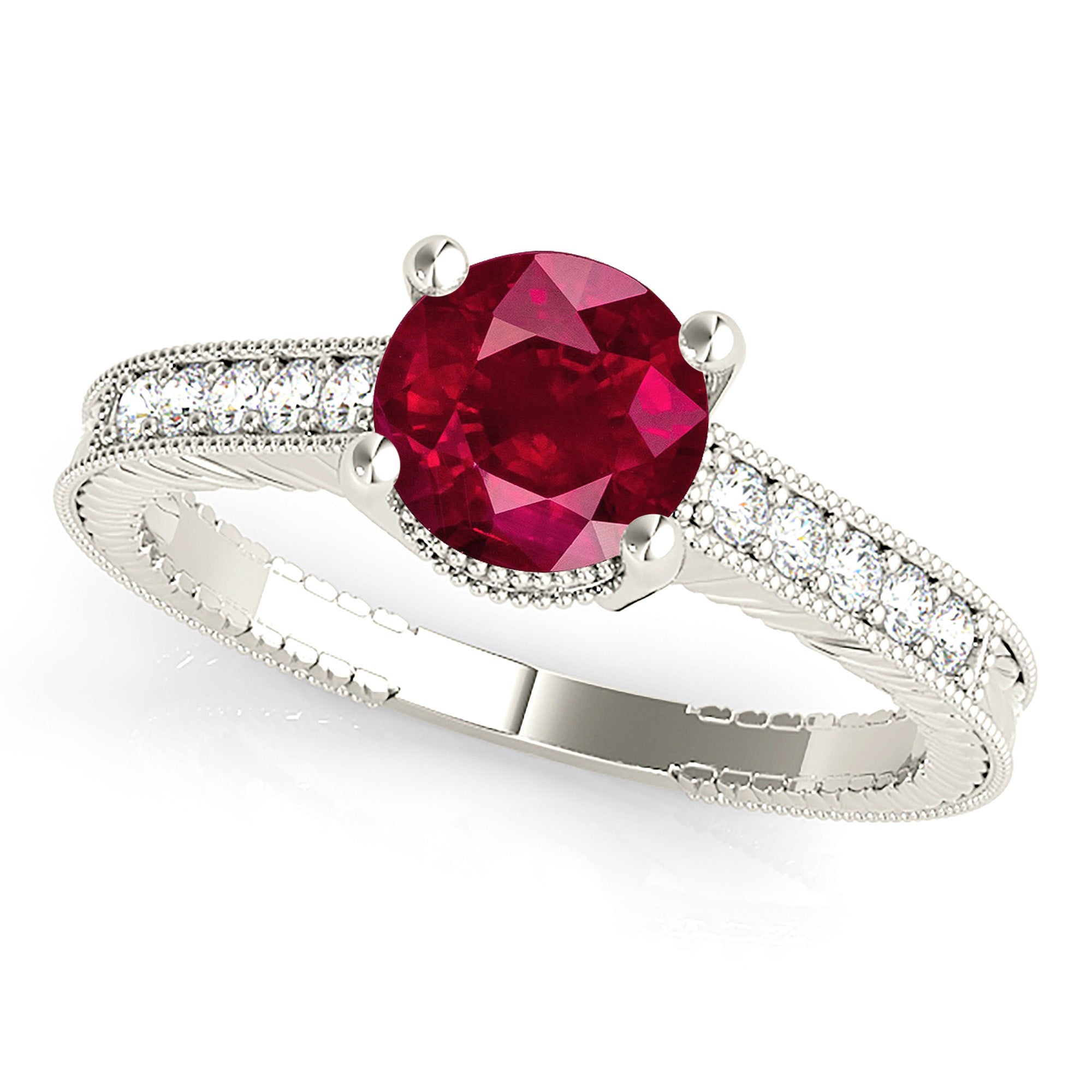 1.79 ct. Genuine Ruby Ring With 0.20 ctw. Milgrain Diamond Underneath Halo And Filigree Diamond Band-VIRABYANI