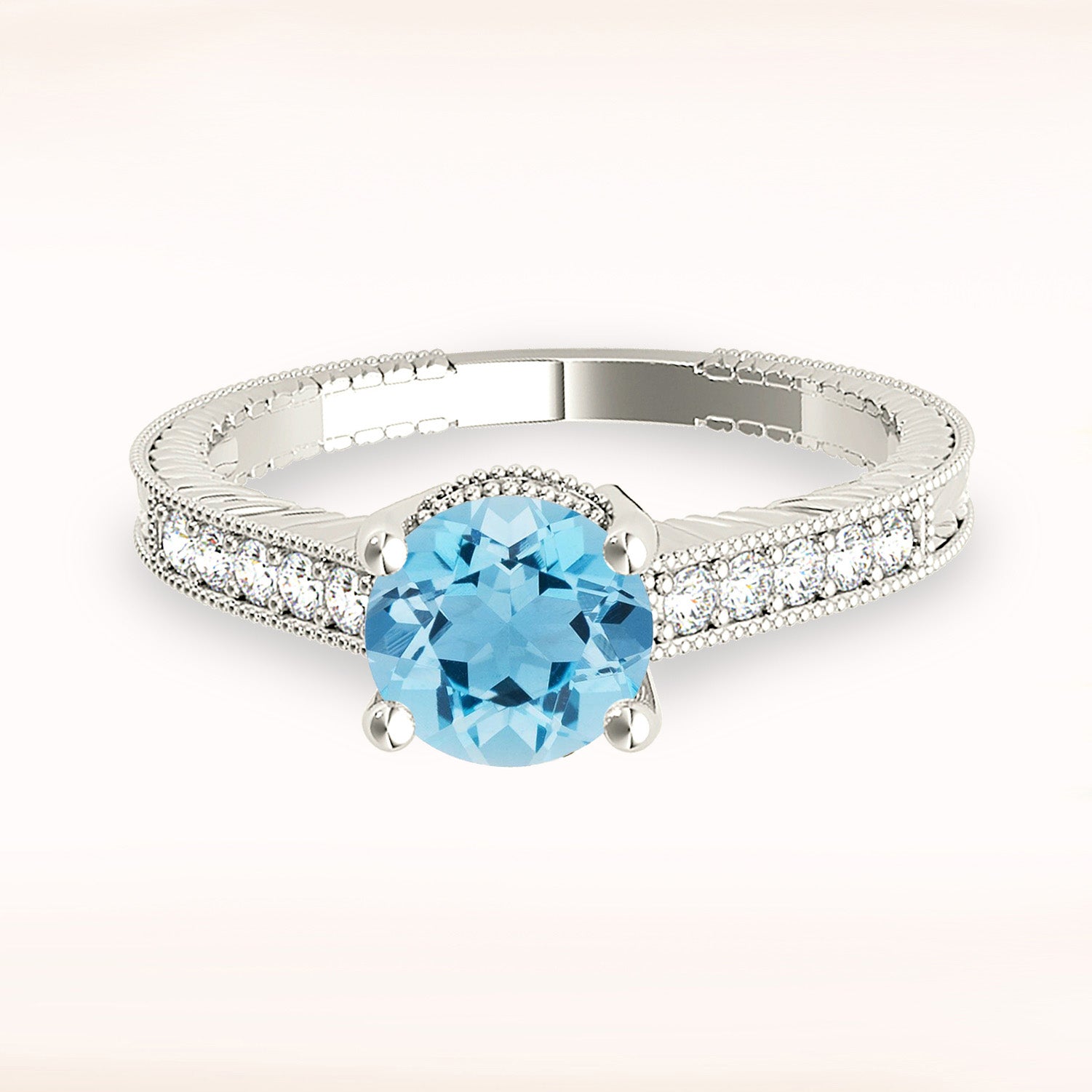 1.75 ct. Genuine Aquamarine Ring With 0.20 ctw. Diamond Milgrain and Filigree Accent Delicate Band | Round Blue Aquamarine Ring-VIRABYANI