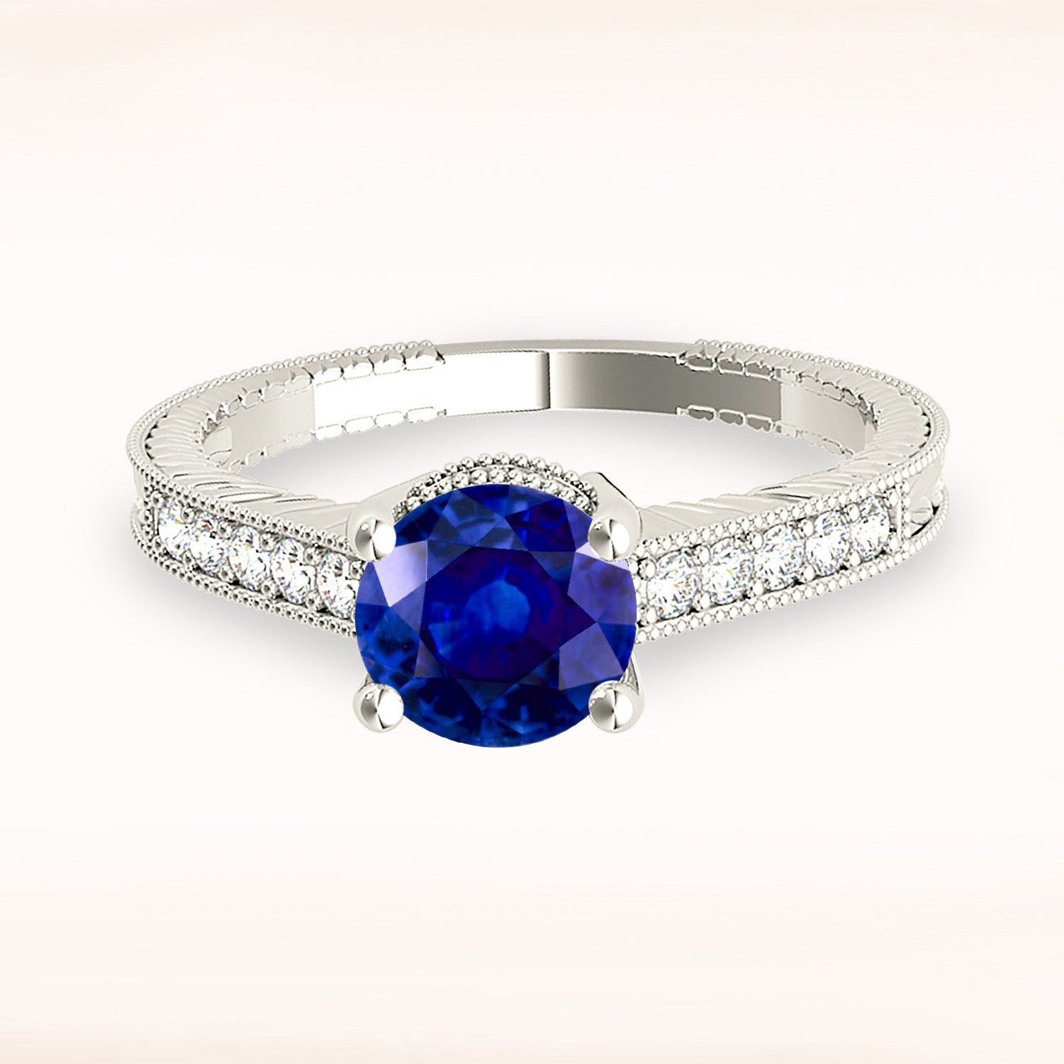 1.80 ct. Genuine Blue Sapphire Milgrain Vintage Ring With 0.20 ctw. Side Diamonds-in 14K/18K White, Yellow, Rose Gold and Platinum - Christmas Jewelry Gift -VIRABYANI
