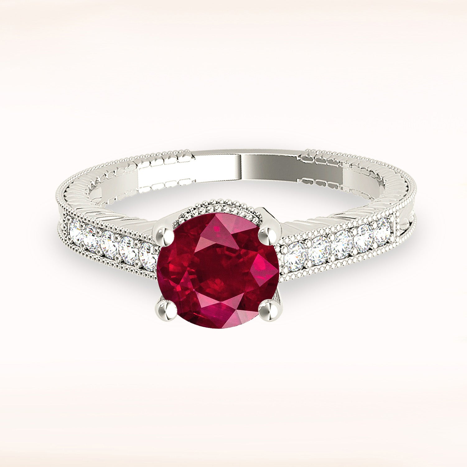 1.79 ct. Genuine Ruby Ring With 0.20 ctw. Milgrain Diamond Underneath Halo And Filigree Diamond Band-VIRABYANI