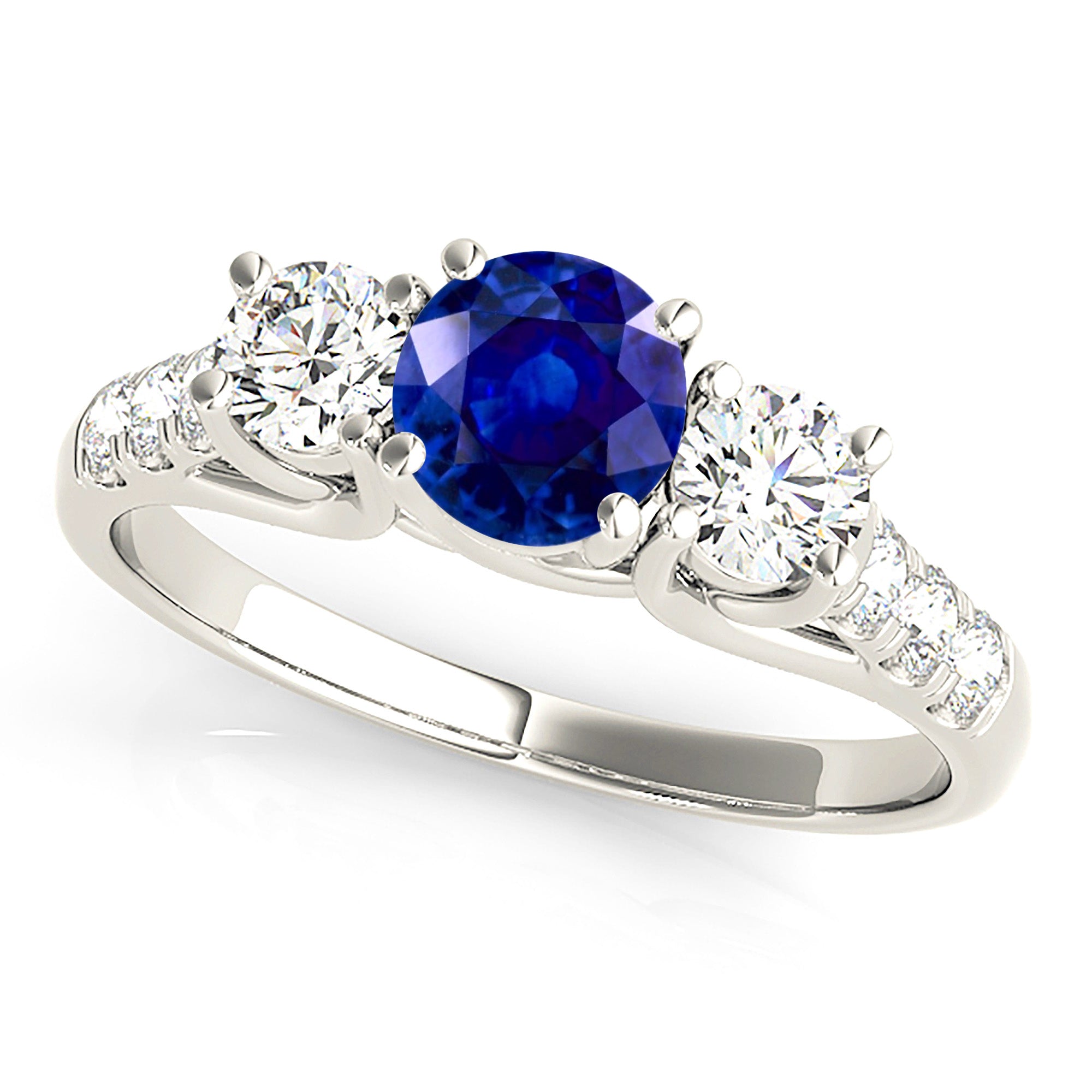1.35 ct. Genuine Blue Sapphire Three Stone Ring With 0.55 ctw. Side Diamonds-in 14K/18K White, Yellow, Rose Gold and Platinum - Christmas Jewelry Gift -VIRABYANI