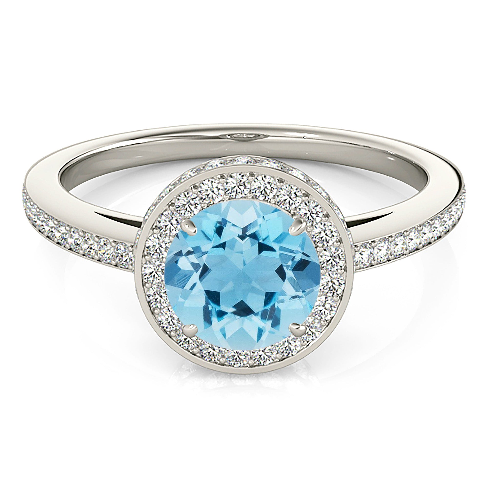 2.00 ct. Genuine Aquamarine Ring With 0.50 ctw. Diamond Halo And Delicate Diamond Band| Round Blue Aquamarine Halo Ring-in 14K/18K White, Yellow, Rose Gold and Platinum - Christmas Jewelry Gift -VIRABYANI