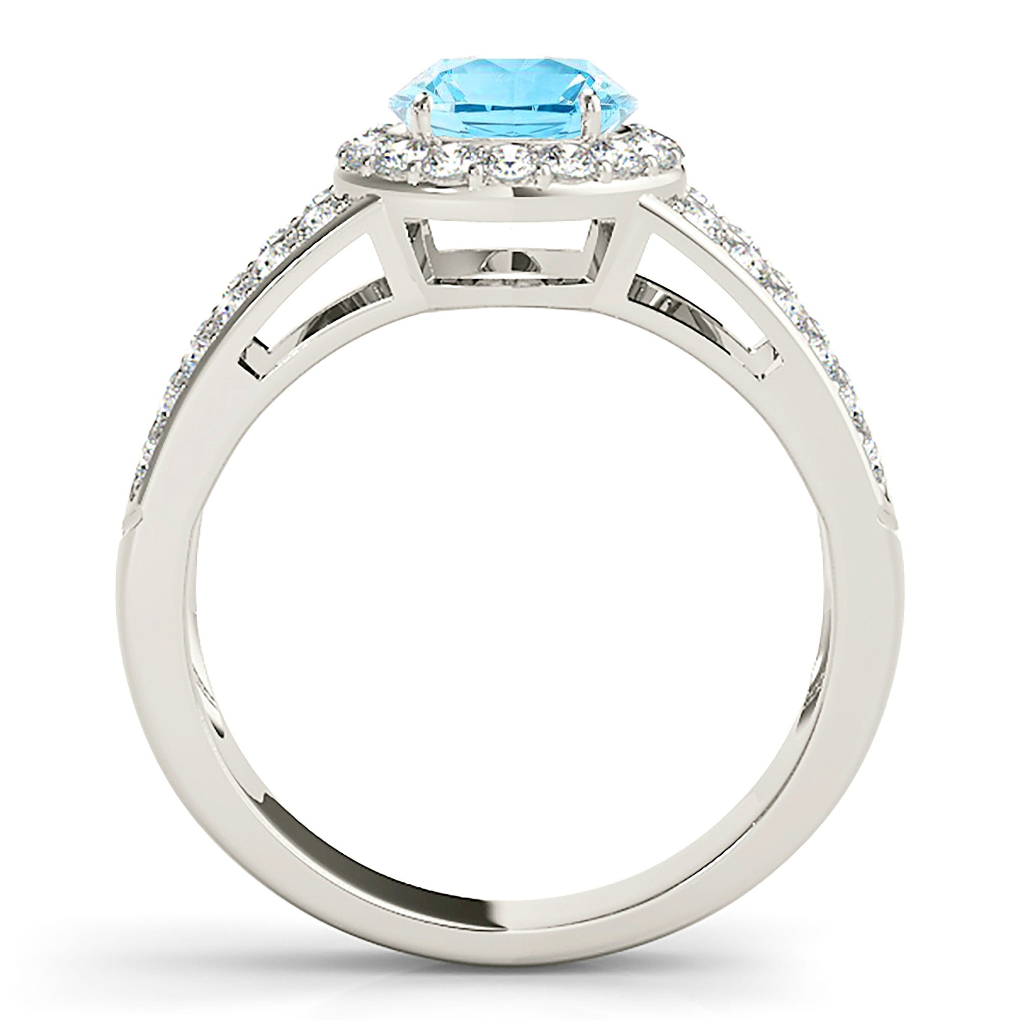1.10 ct. Genuine Aquamarine Ring With 0.50 ctw. Diamond Halo And Split Diamond Band | Round Blue Aquamarine Halo Ring-VIRABYANI
