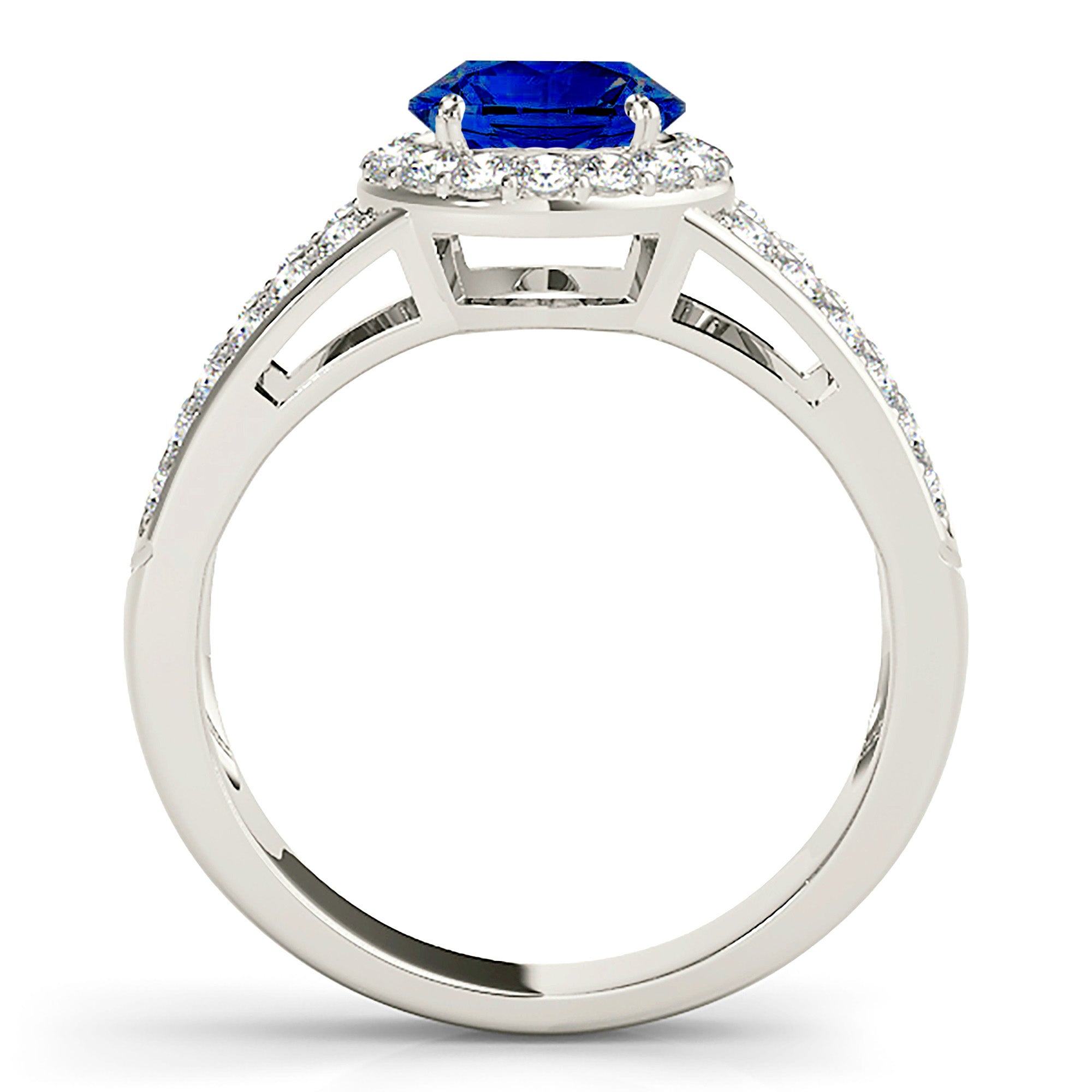 1.35 ct. Genuine Blue Sapphire Split Shank Halo Ring With 0.50 ctw. Side Diamonds-VIRABYANI