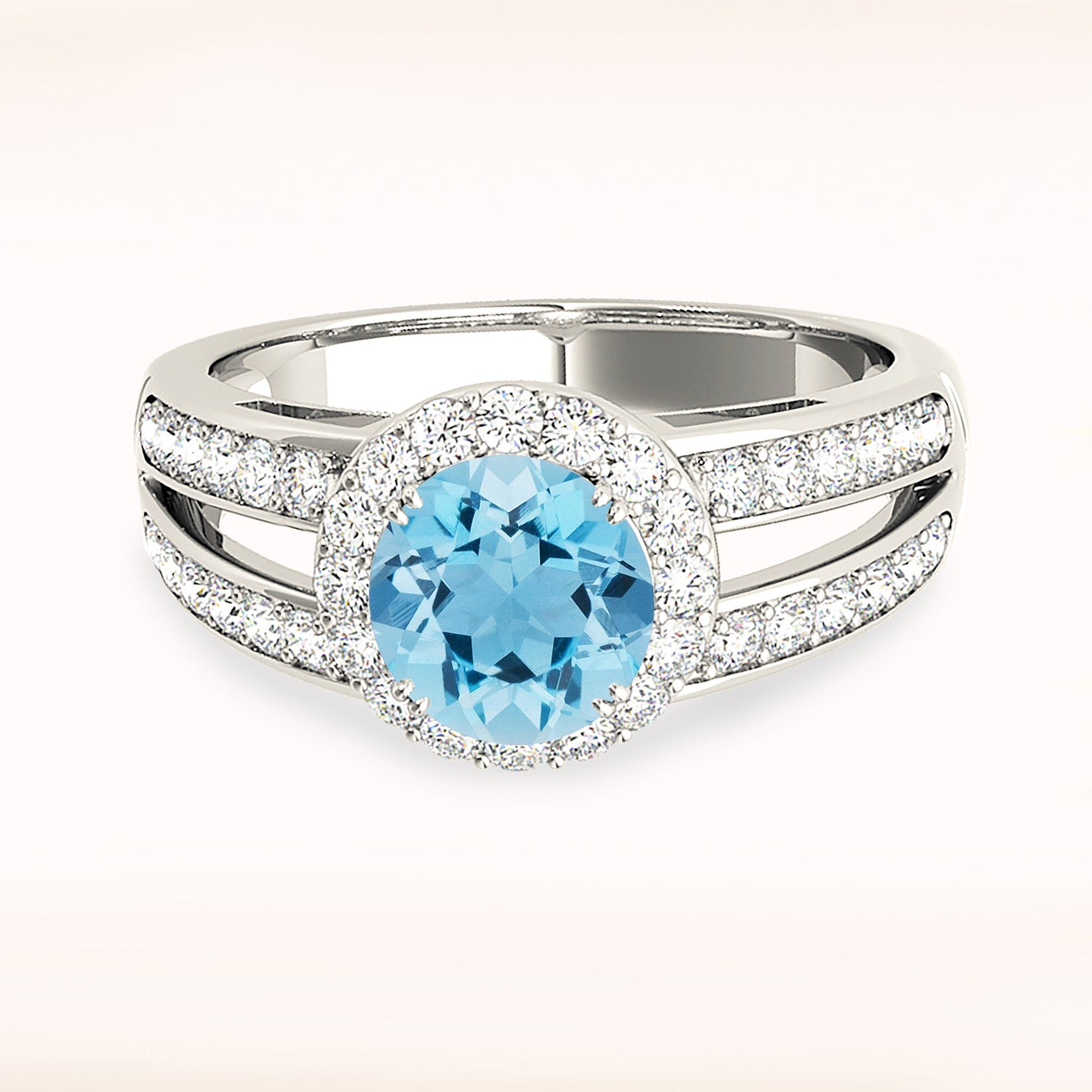 1.10 ct. Genuine Aquamarine Ring With 0.50 ctw. Diamond Halo And Split Diamond Band | Round Blue Aquamarine Halo Ring-VIRABYANI