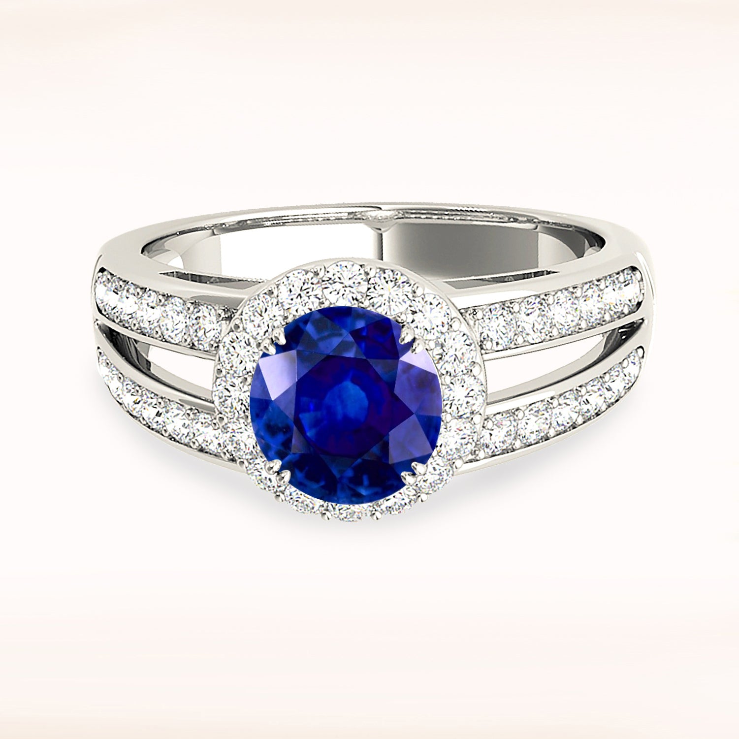 1.35 ct. Genuine Blue Sapphire Split Shank Halo Ring With 0.50 ctw. Side Diamonds-VIRABYANI