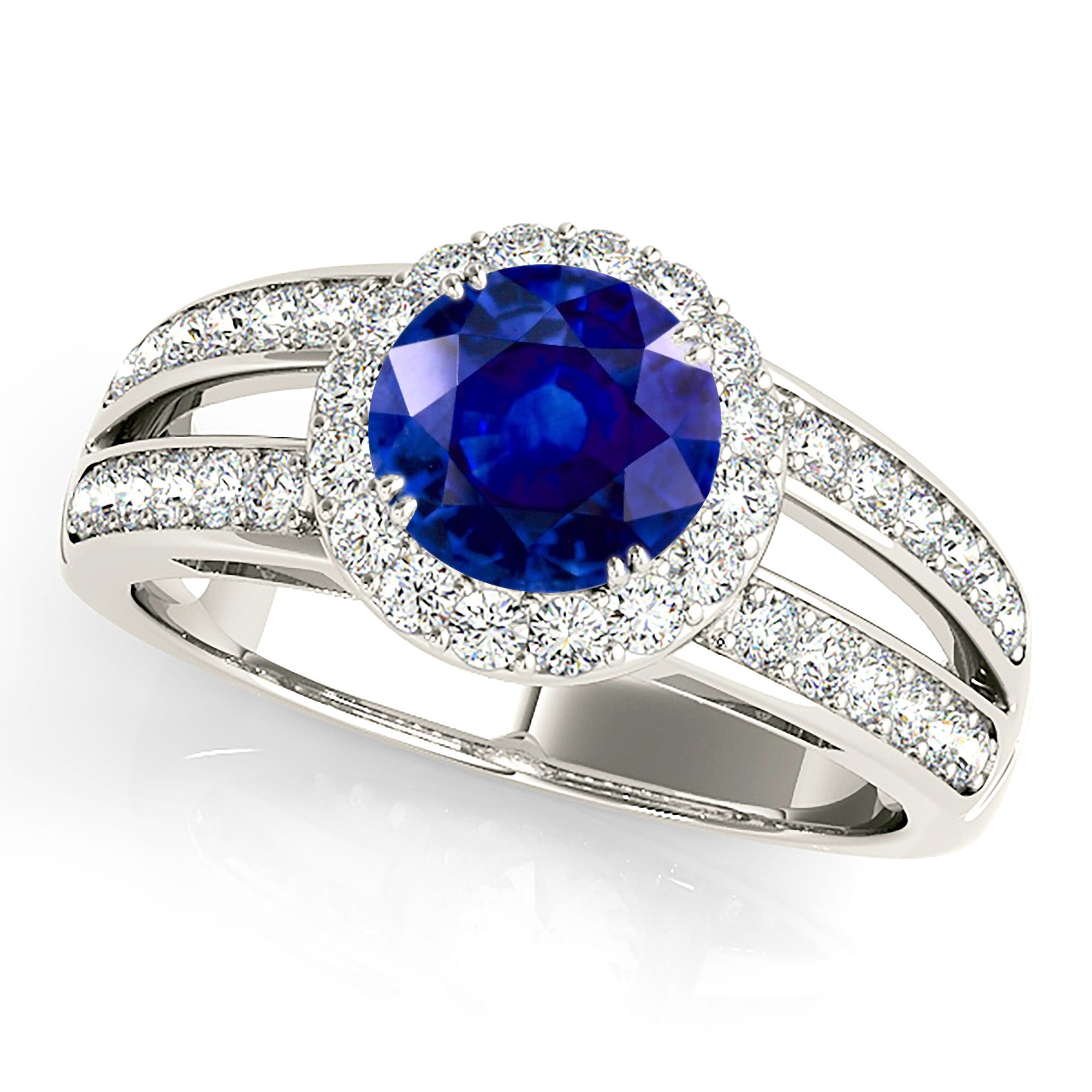 1.35 ct. Genuine Blue Sapphire Split Shank Halo Ring With 0.50 ctw. Side Diamonds-VIRABYANI