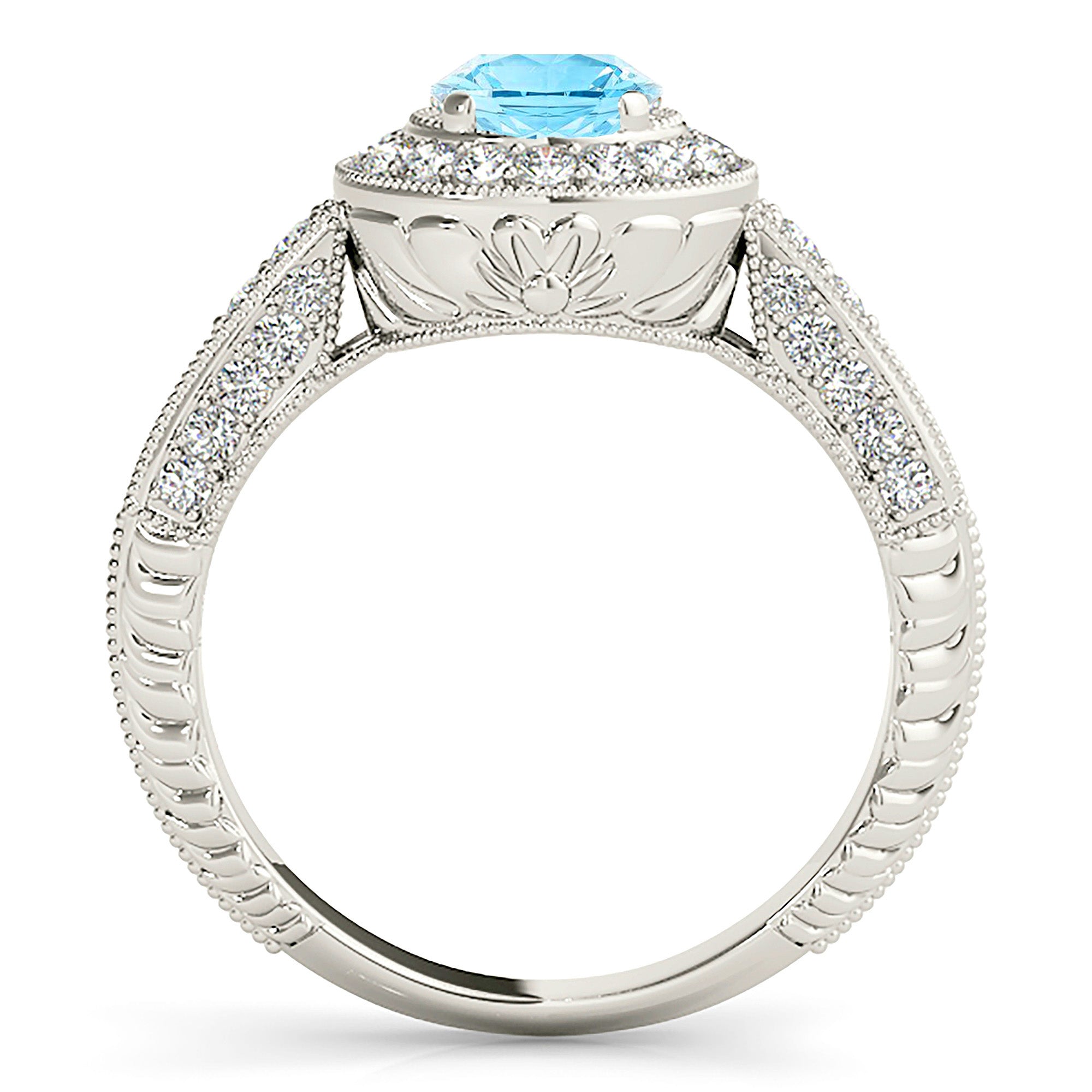 2.00 ct. Genuine Aquamarine Ring With 0.40 ctw. Diamond Milgrain Halo And 3D Diamond Band, Filigree Design | Round Blue Aquamarine Halo Ring-VIRABYANI