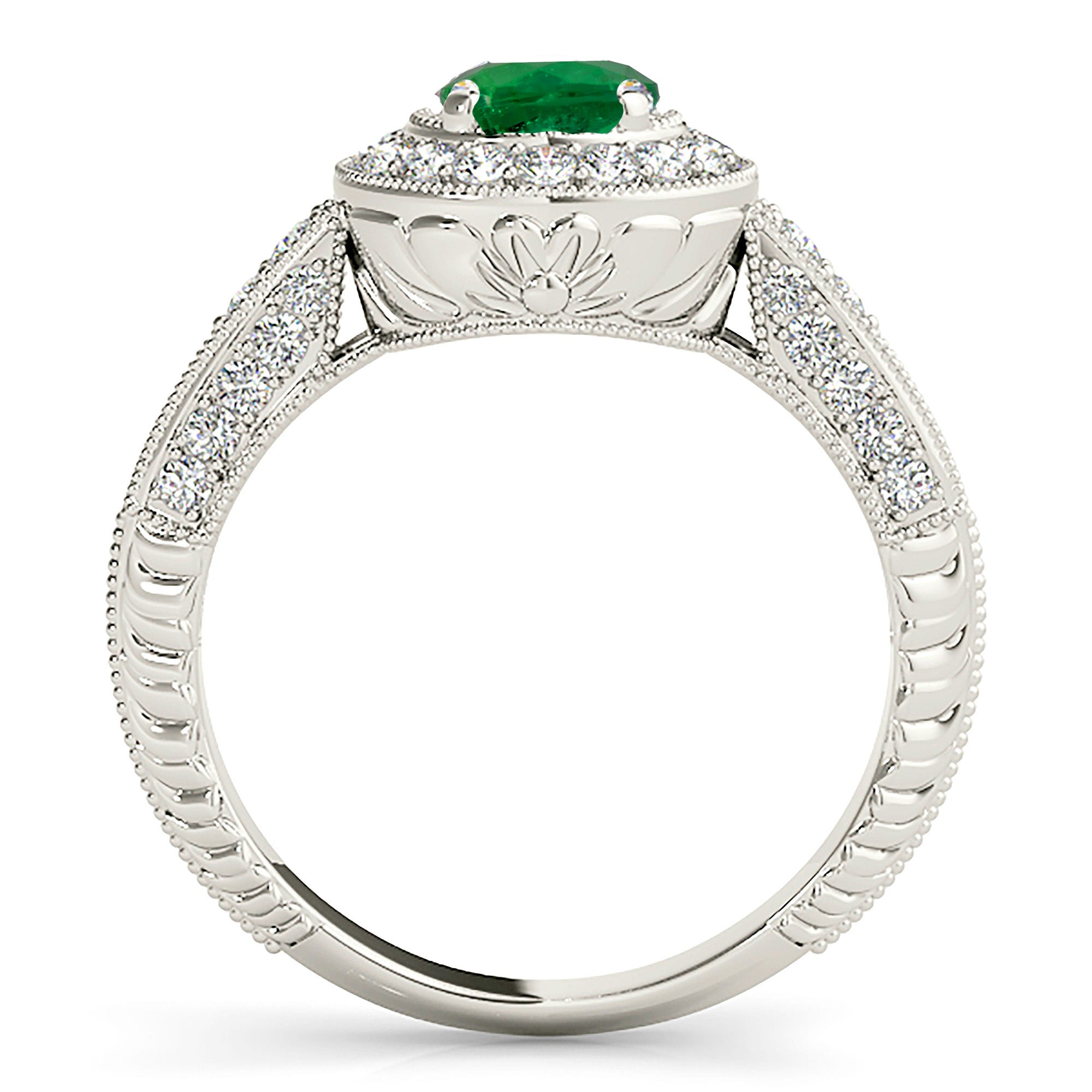2.00 ct. Genuine Emerald Vintage Inspired Halo Ring With Filigree and 0.40 ctw. Side Diamonds-VIRABYANI