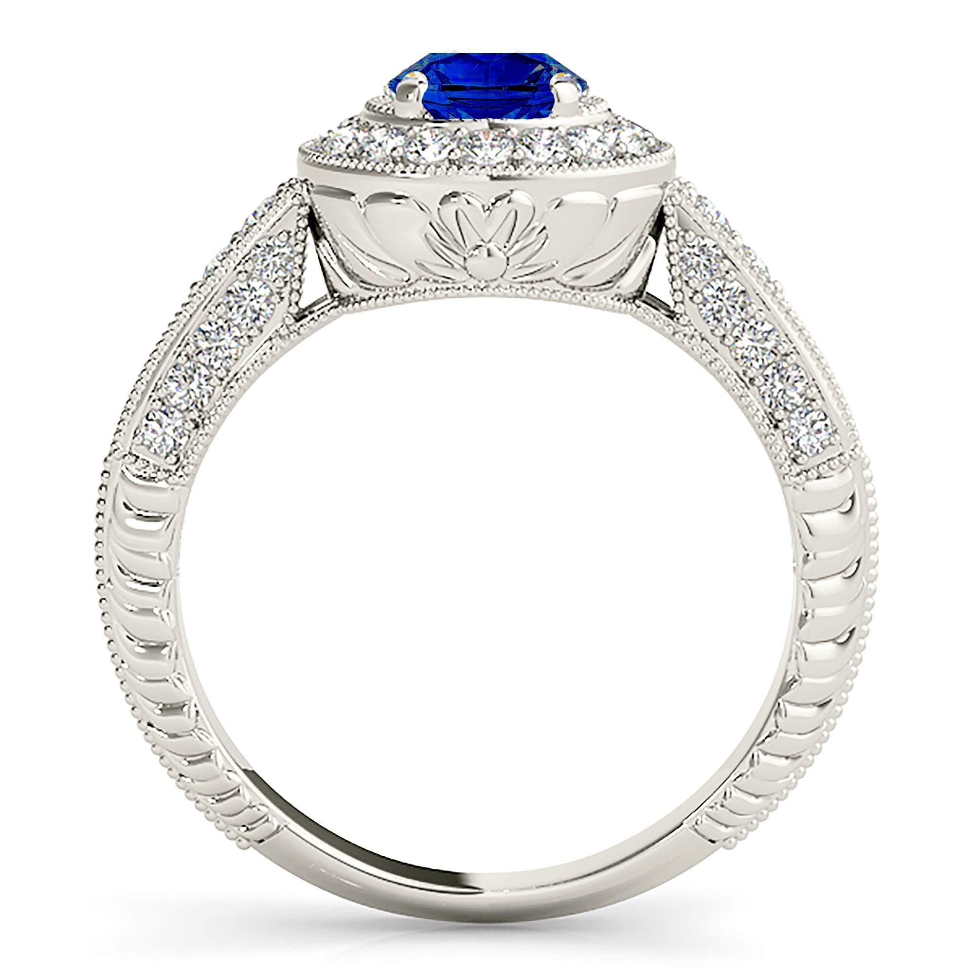 2.41 ct. Genuine Blue Sapphire Vintage Halo Ring with 0.40 ctw. Side Diamonds-VIRABYANI