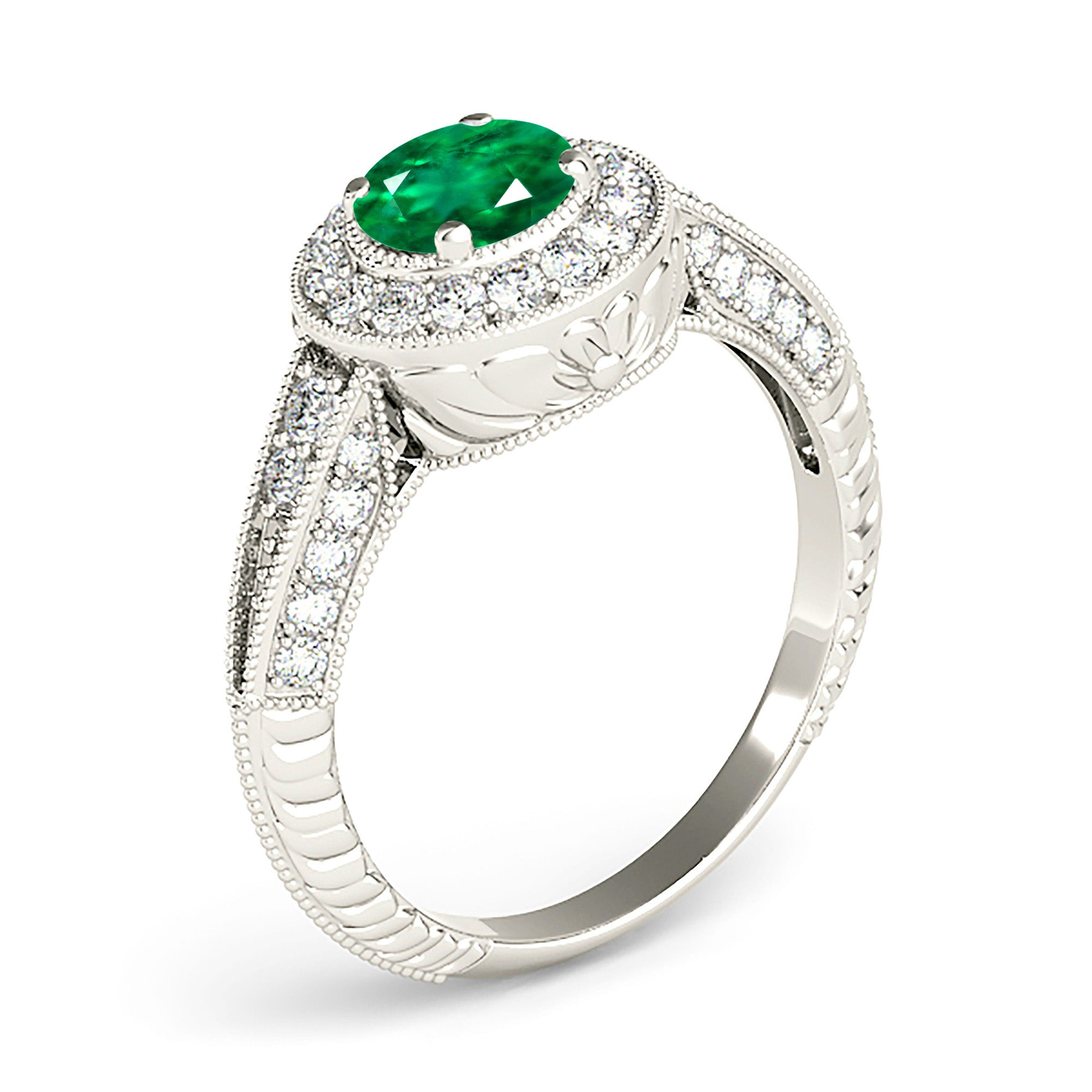 2.00 ct. Genuine Emerald Vintage Inspired Halo Ring With Filigree and 0.40 ctw. Side Diamonds-VIRABYANI