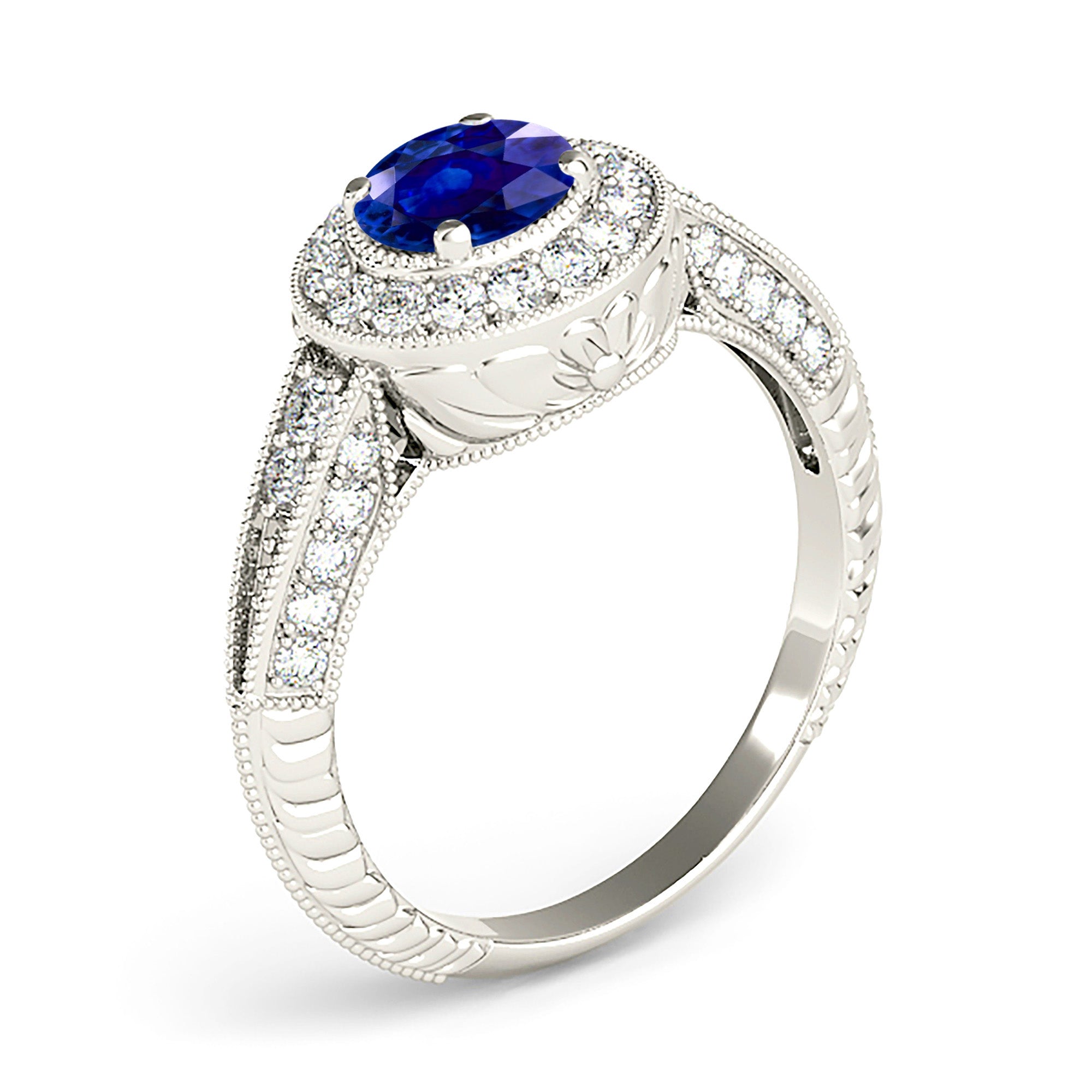 2.41 ct. Genuine Blue Sapphire Vintage Halo Ring with 0.40 ctw. Side Diamonds-VIRABYANI