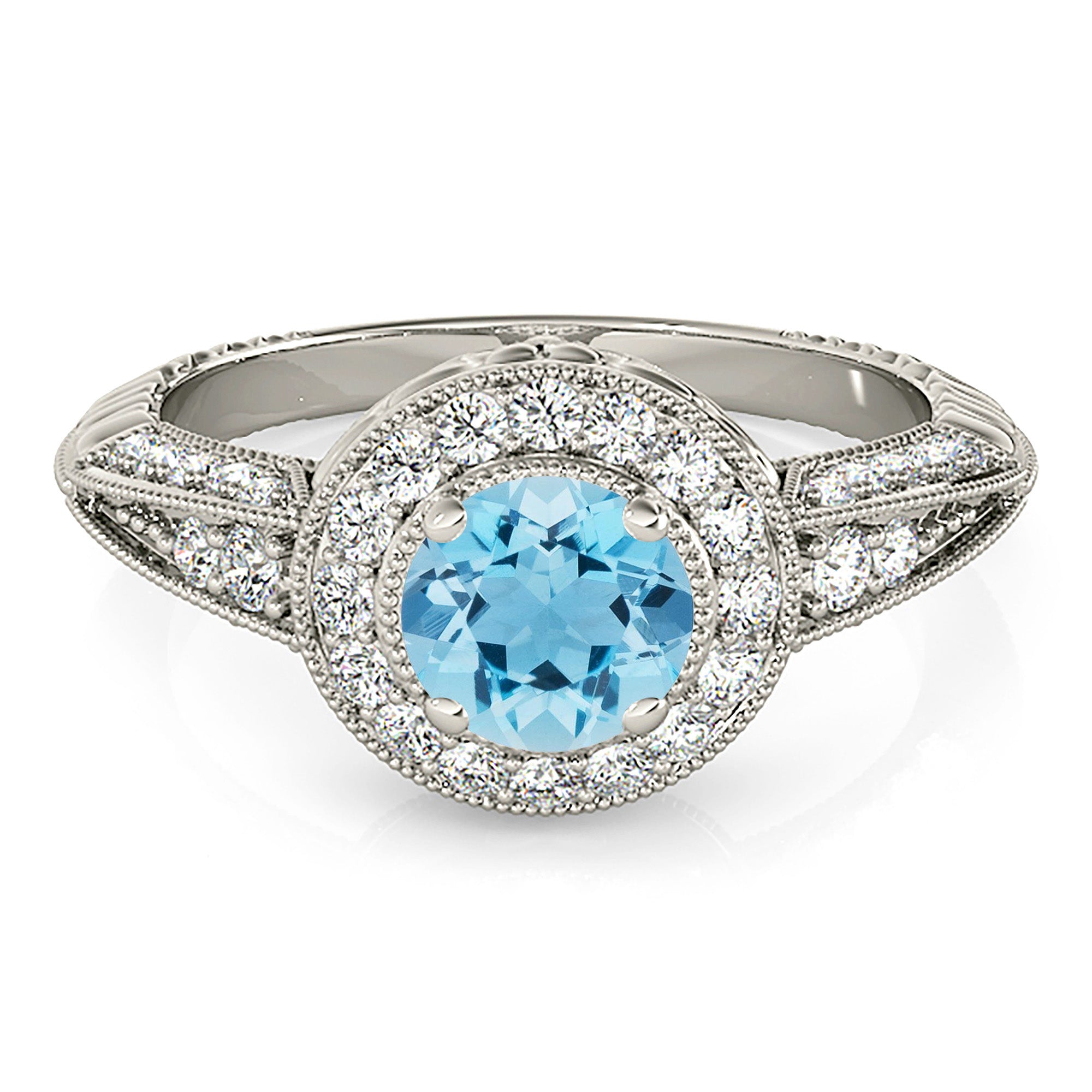 2.00 ct. Genuine Aquamarine Ring With 0.40 ctw. Diamond Milgrain Halo And 3D Diamond Band, Filigree Design | Round Blue Aquamarine Halo Ring-VIRABYANI