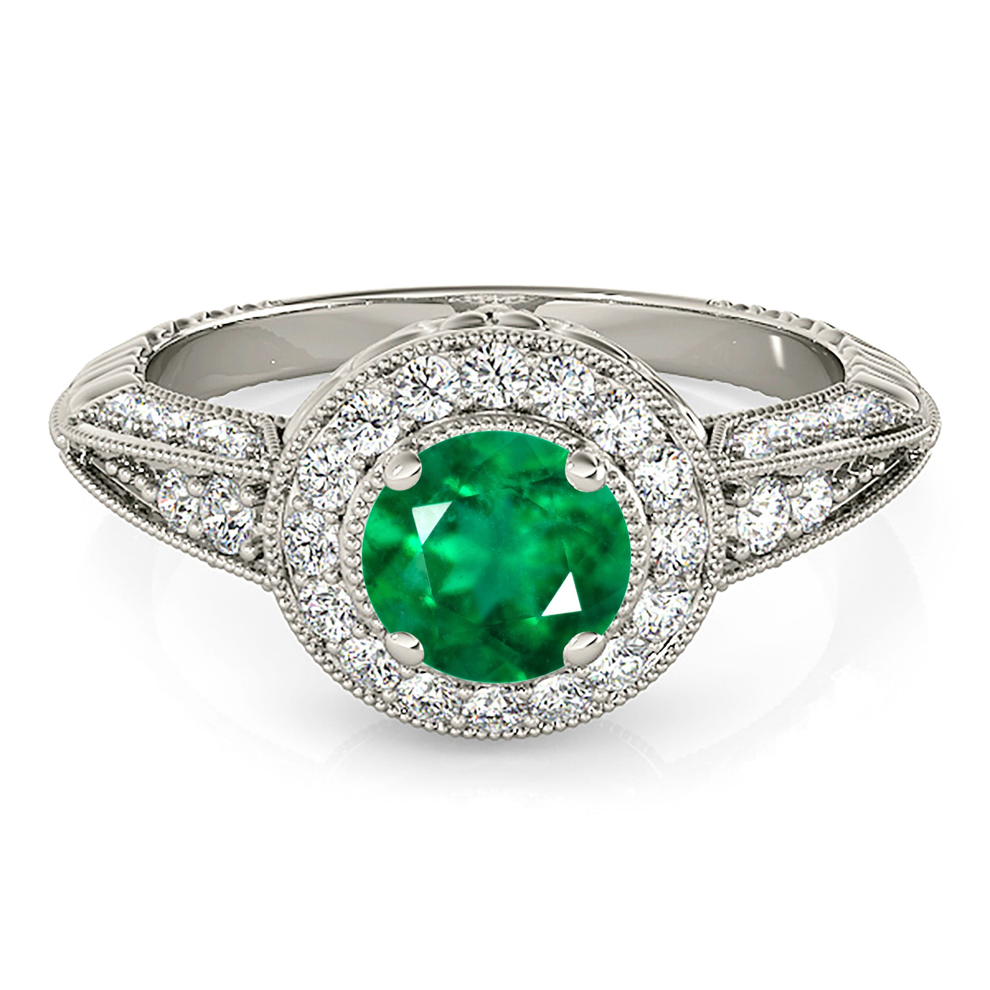 2.00 ct. Genuine Emerald Vintage Inspired Halo Ring With Filigree and 0.40 ctw. Side Diamonds-VIRABYANI