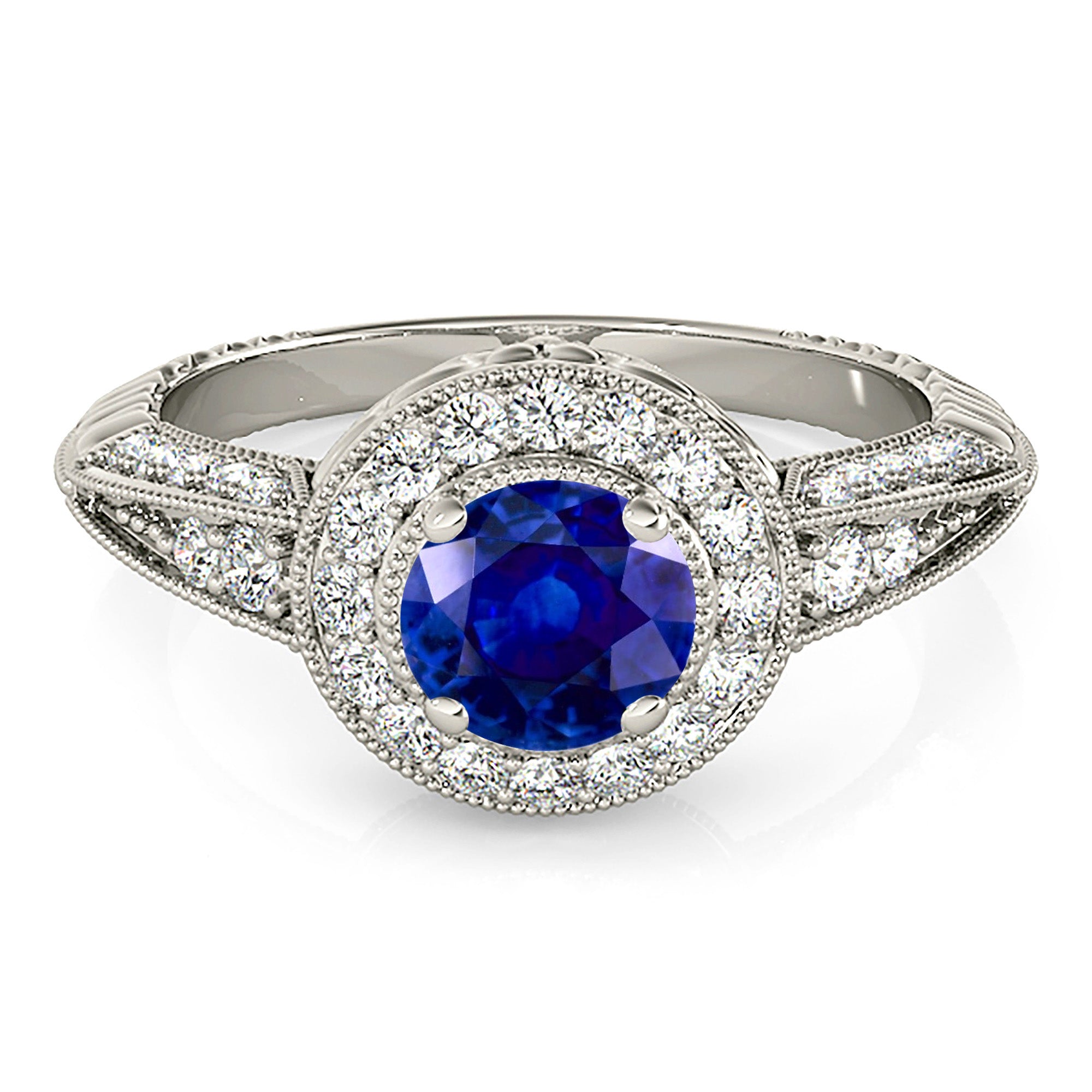 2.41 ct. Genuine Blue Sapphire Vintage Halo Ring with 0.40 ctw. Side Diamonds-VIRABYANI