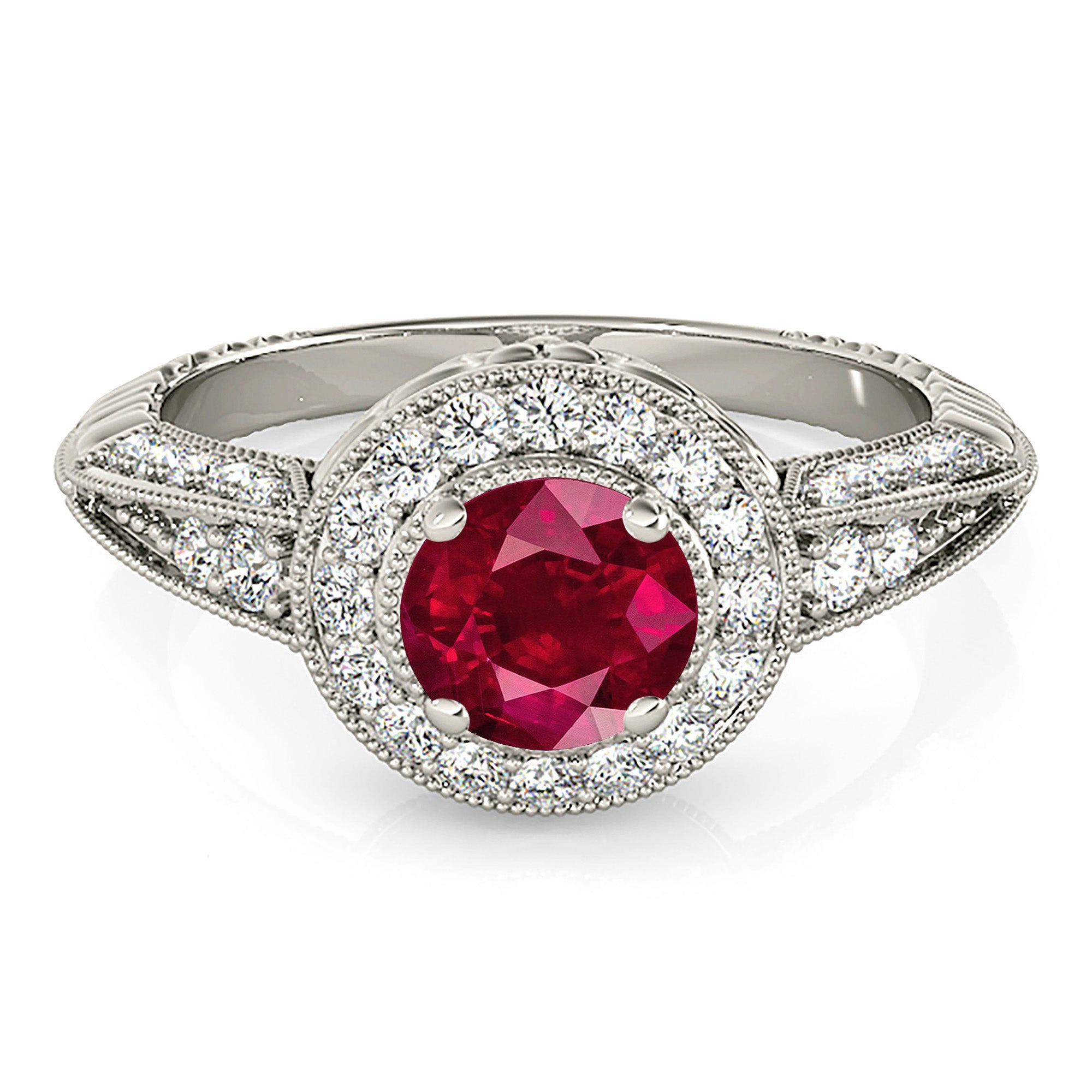 2.35 ct. Genuine Ruby Ring With 0.40 ctw. Diamond Milgrain Halo And Filigree Design Diamond band-VIRABYANI