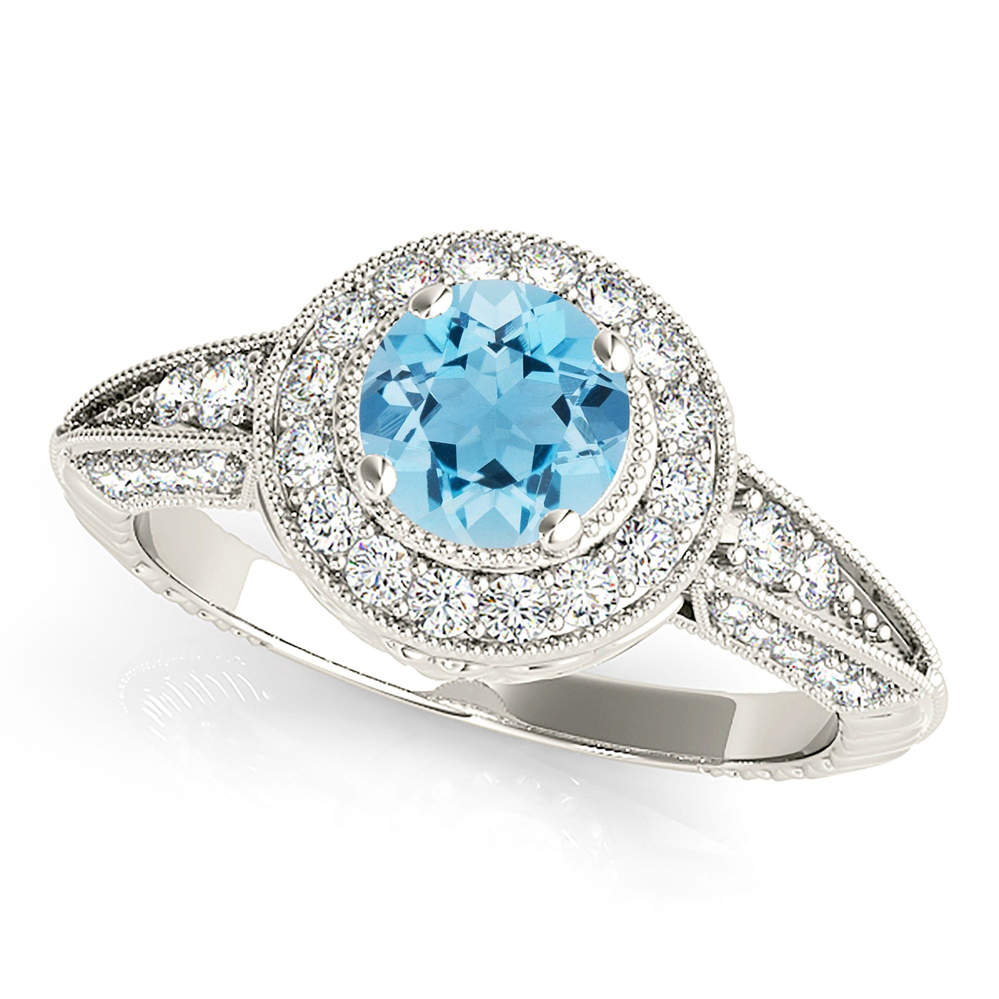 2.00 ct. Genuine Aquamarine Ring With 0.40 ctw. Diamond Milgrain Halo And 3D Diamond Band, Filigree Design | Round Blue Aquamarine Halo Ring-VIRABYANI