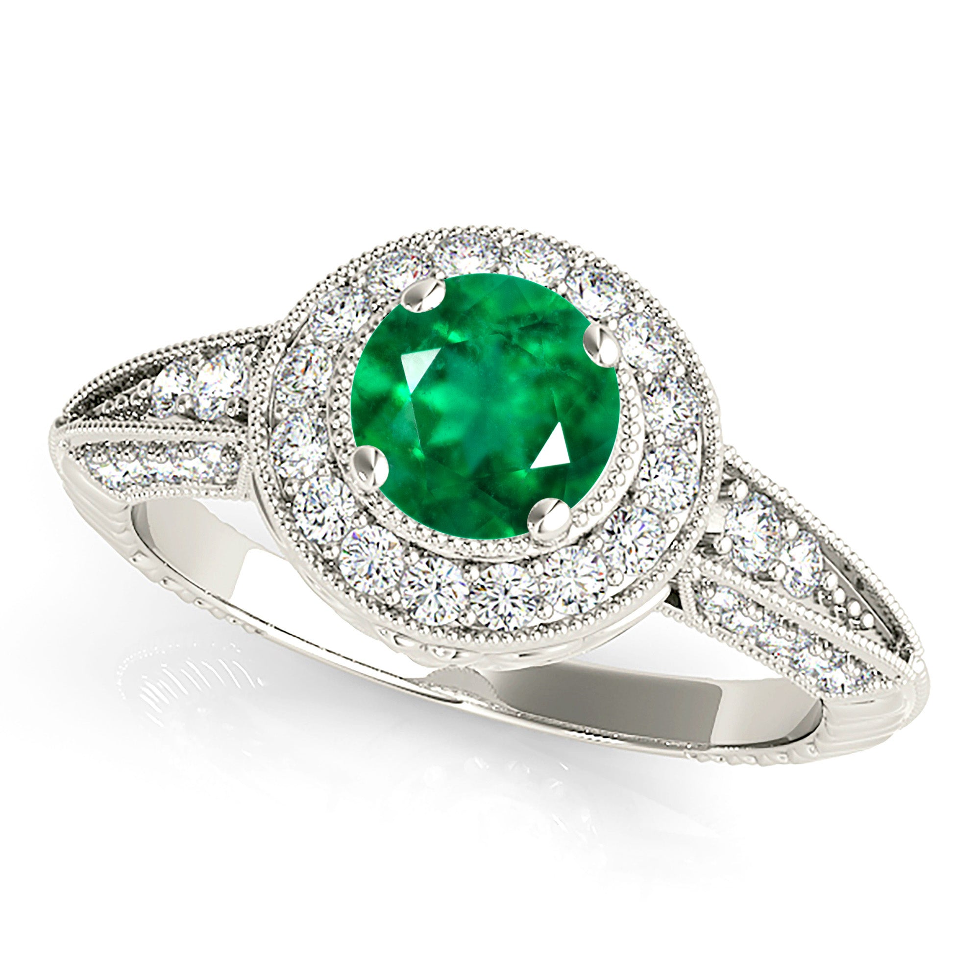 2.00 ct. Genuine Emerald Vintage Inspired Halo Ring With Filigree and 0.40 ctw. Side Diamonds-VIRABYANI