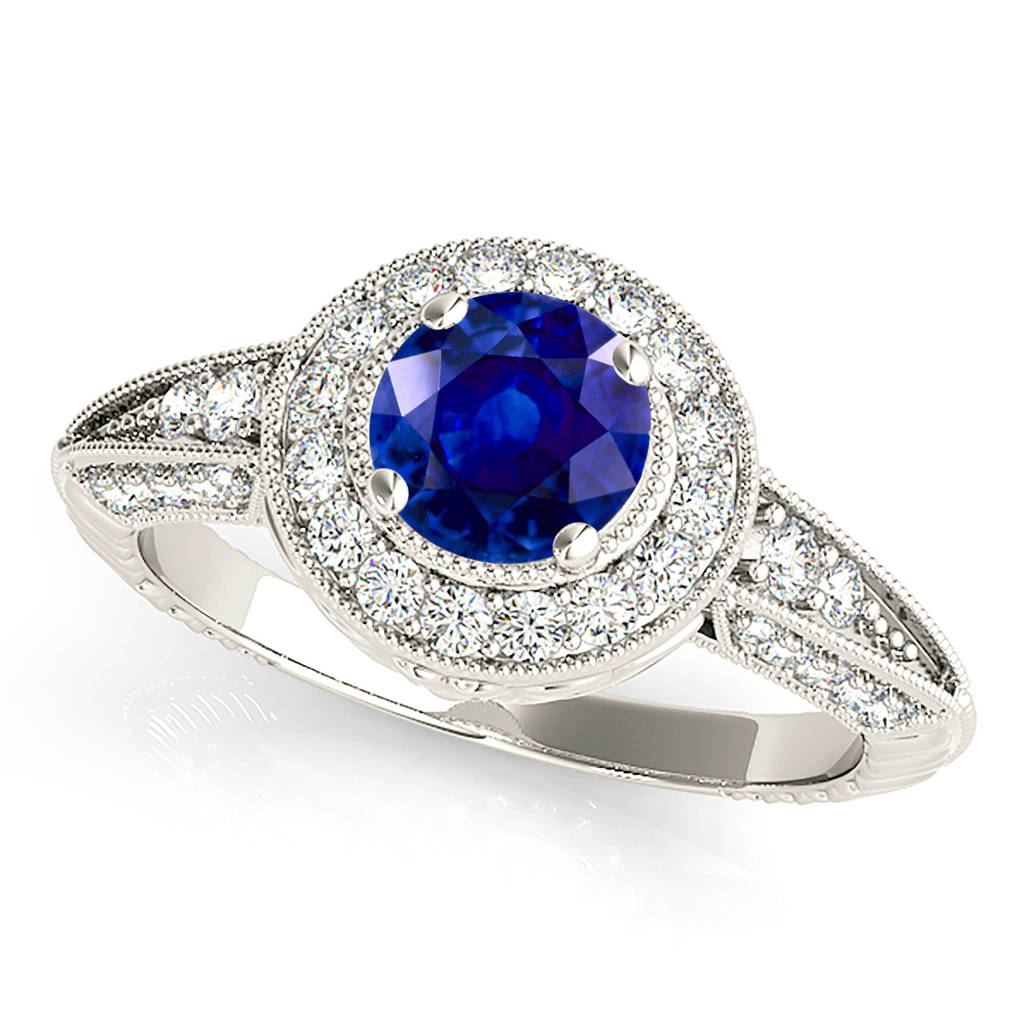 2.41 ct. Genuine Blue Sapphire Vintage Halo Ring with 0.40 ctw. Side Diamonds-VIRABYANI