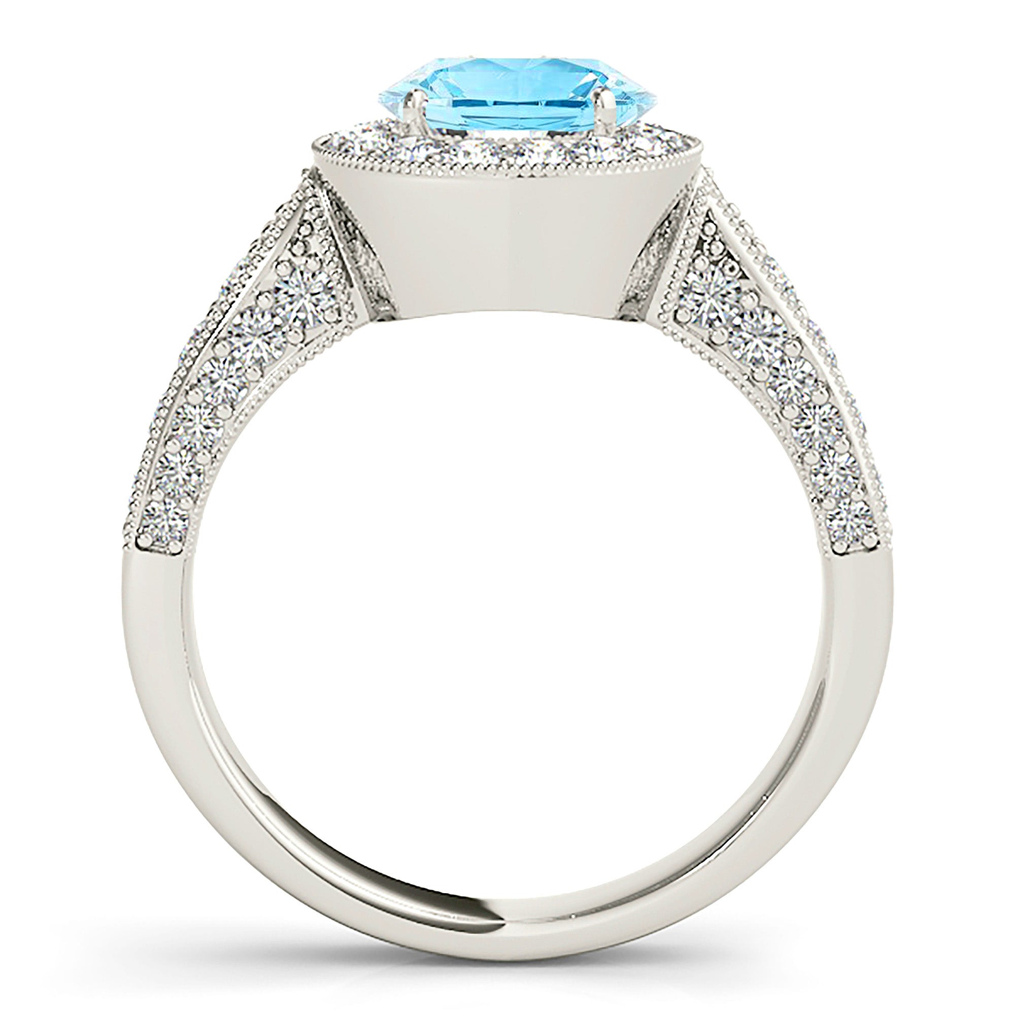 1.10 ct. Genuine Aquamarine Ring With 0.75 ctw. Diamond Milgrain Halo And 3D Diamond Band | Round Blue Aquamarine Halo Ring-in 14K/18K White, Yellow, Rose Gold and Platinum - Christmas Jewelry Gift -VIRABYANI