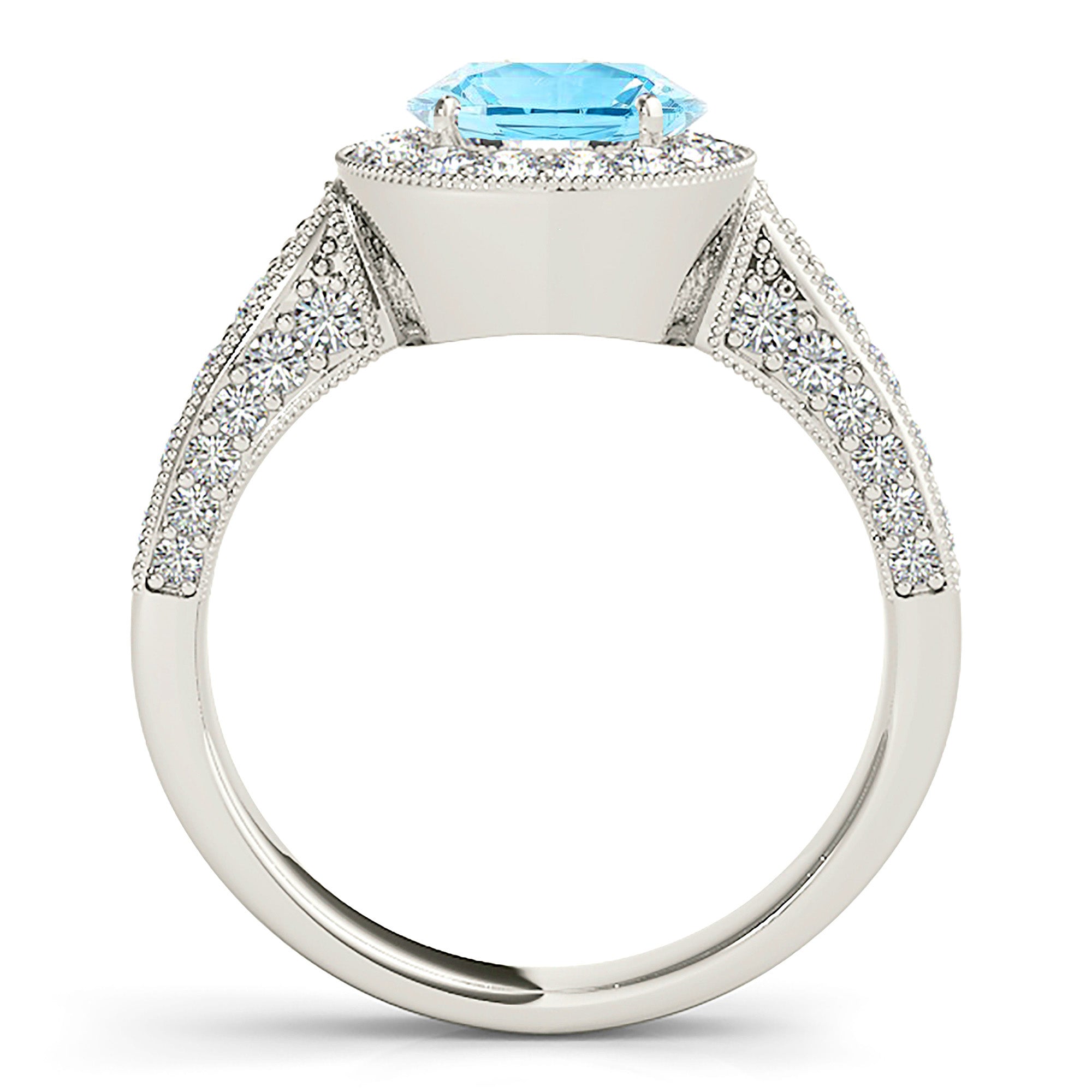 1.10 ct. Genuine Aquamarine Ring With 0.75 ctw. Diamond Milgrain Halo And 3D Diamond Band | Round Blue Aquamarine Halo Ring-VIRABYANI
