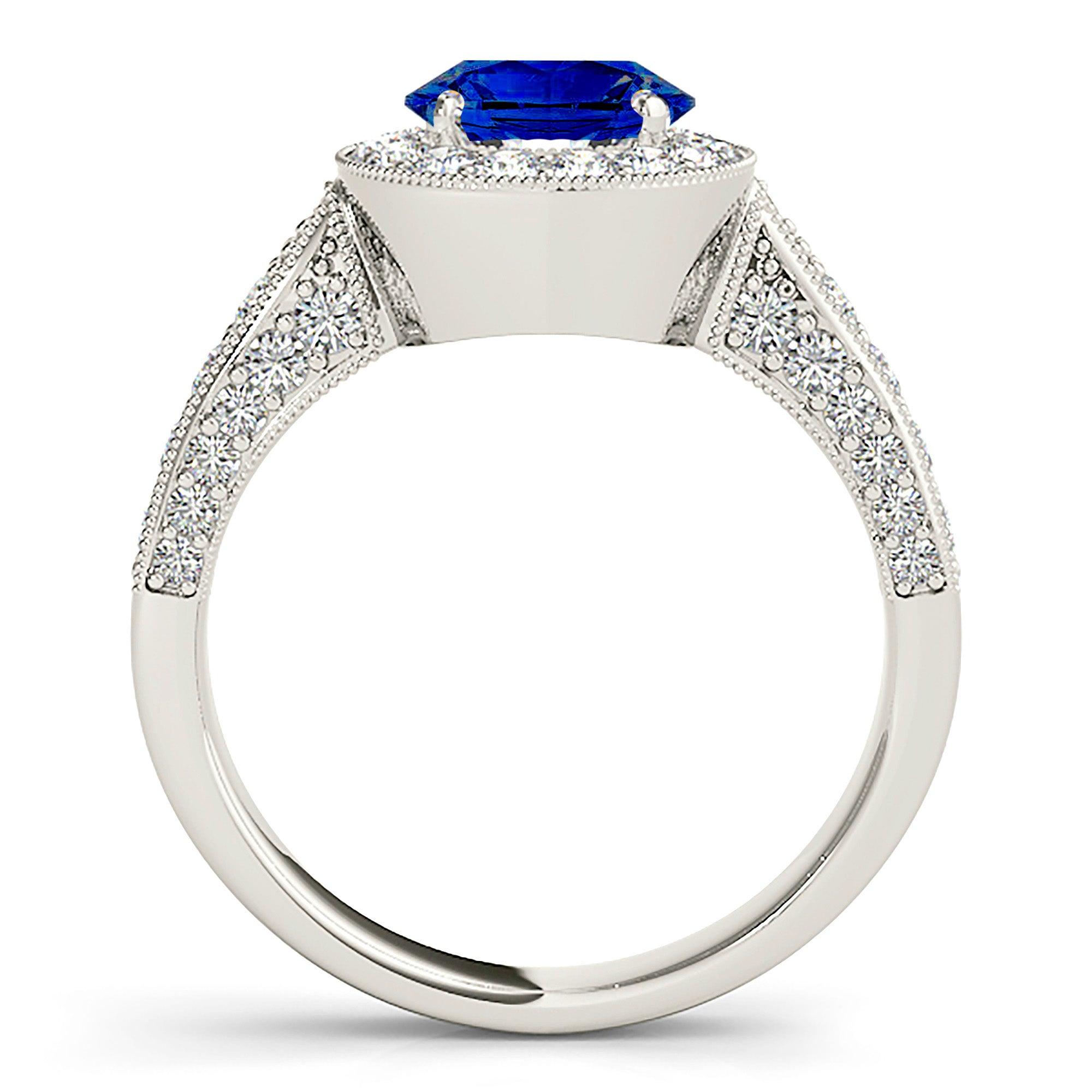 1.35 ct. Genuine Blue Sapphire Milgrain Halo Ring With 0.75 ctw. Side and Accent Diamonds-VIRABYANI
