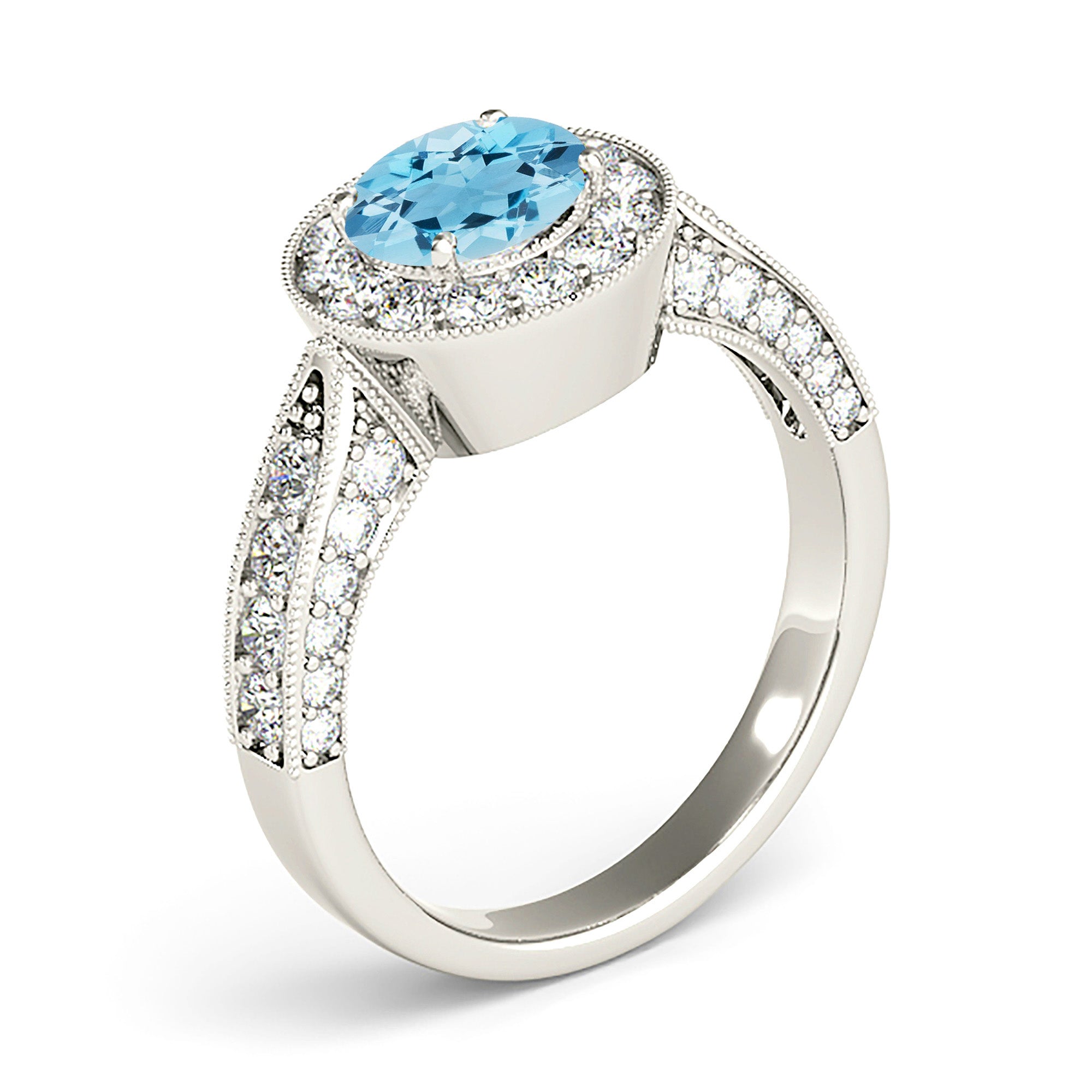 1.10 ct. Genuine Aquamarine Ring With 0.75 ctw. Diamond Milgrain Halo And 3D Diamond Band | Round Blue Aquamarine Halo Ring-VIRABYANI