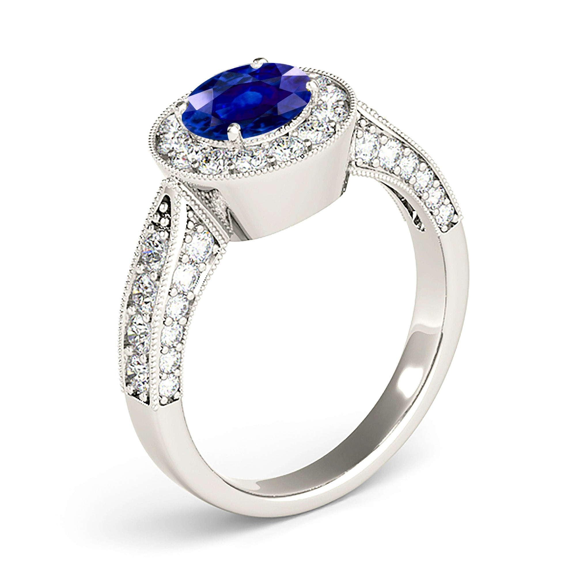 1.35 ct. Genuine Blue Sapphire Milgrain Halo Ring With 0.75 ctw. Side and Accent Diamonds-VIRABYANI