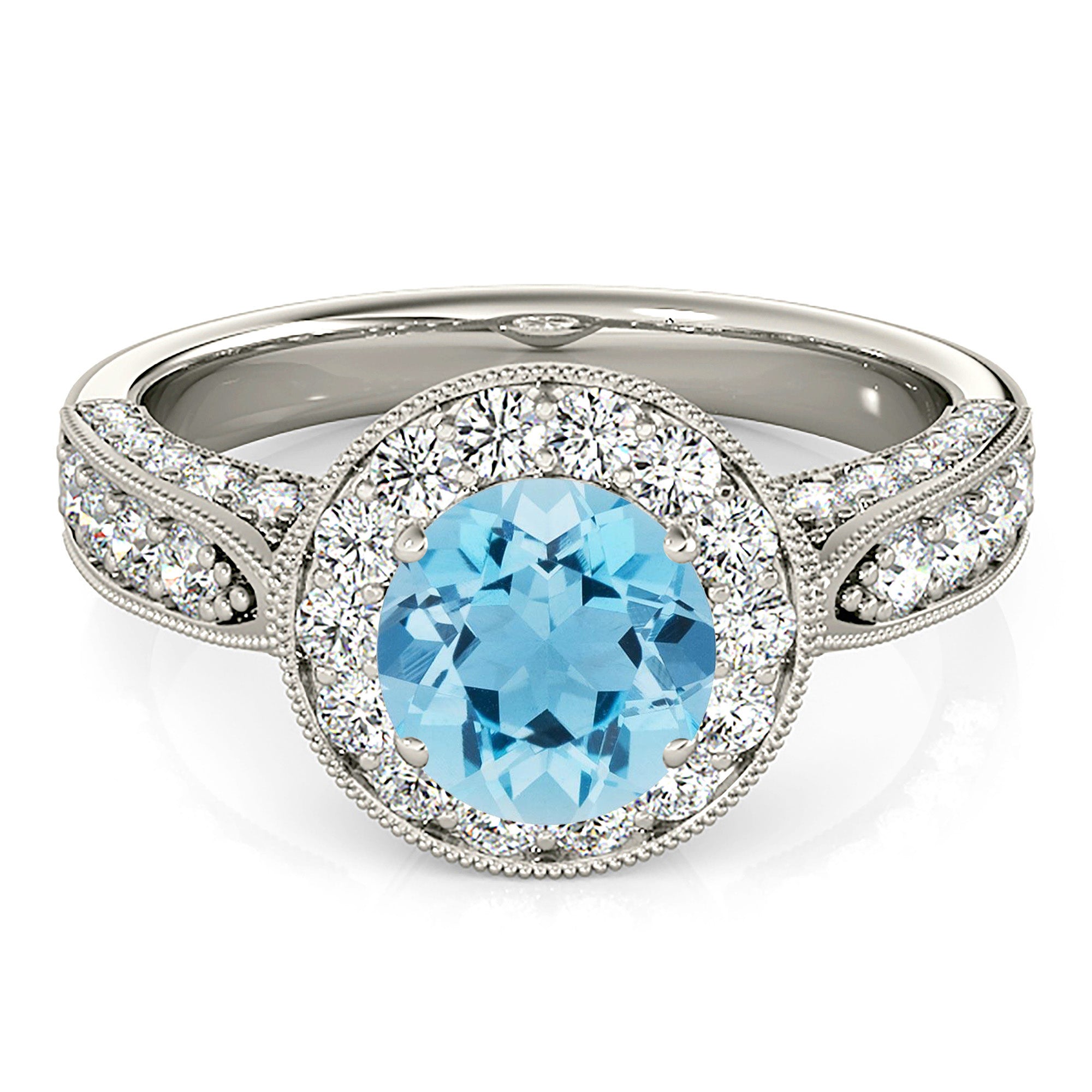 1.10 ct. Genuine Aquamarine Ring With 0.75 ctw. Diamond Milgrain Halo And 3D Diamond Band | Round Blue Aquamarine Halo Ring-VIRABYANI