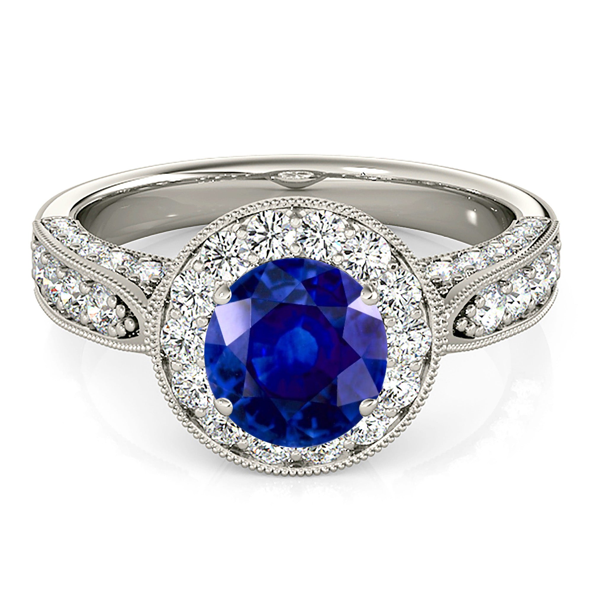 1.35 ct. Genuine Blue Sapphire Milgrain Halo Ring With 0.75 ctw. Side and Accent Diamonds-VIRABYANI